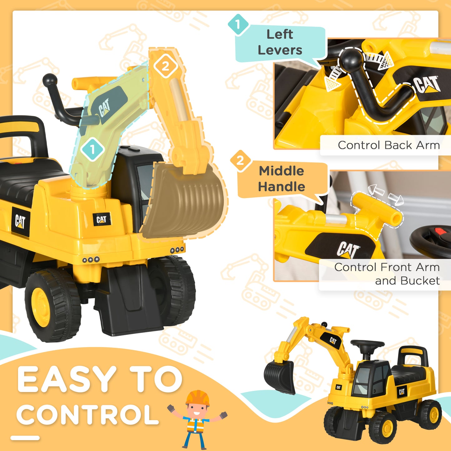 HOMCOM Licensed CAT Kids Ride on Digger Excavator with Manual Bucket, Toddler Pretend Construction Play Toy with Horn Under Seat Storage