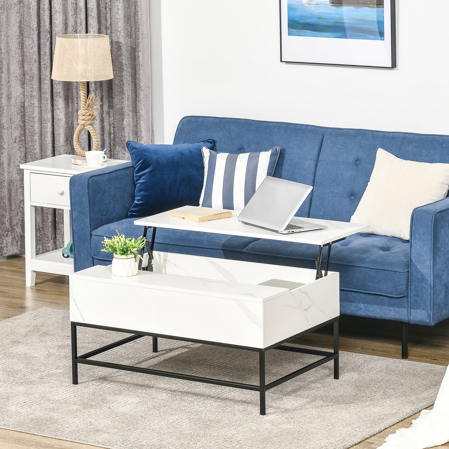 HOMCOM Modern Lifting Coffee Table with Hidden Compartment, Storage Coffee Table for Living Room, Faux Marble White