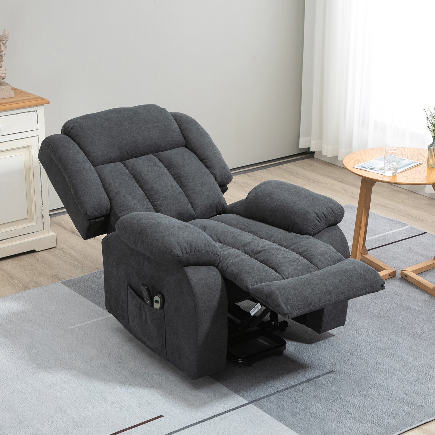 HOMCOM Oversized Riser and Recliner Chairs for the Elderly, Heavy Duty Fabric Upholstered Lift Chair for Living Room with Remote Control, Side Pocket, Dark Grey