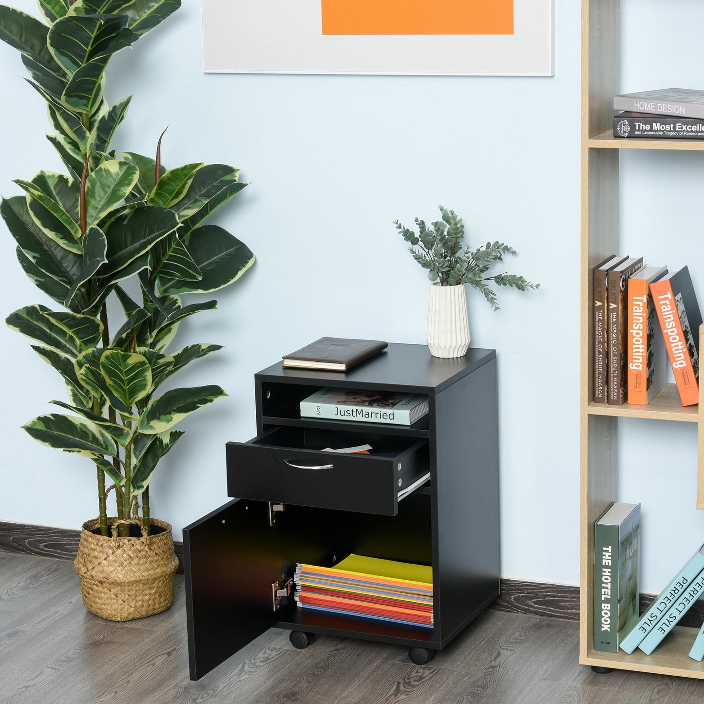 HOMCOM 60cm 2-Drawer Office Home Storage Cabinet w/Open Shelf Metal Handles 4 Wheels Black