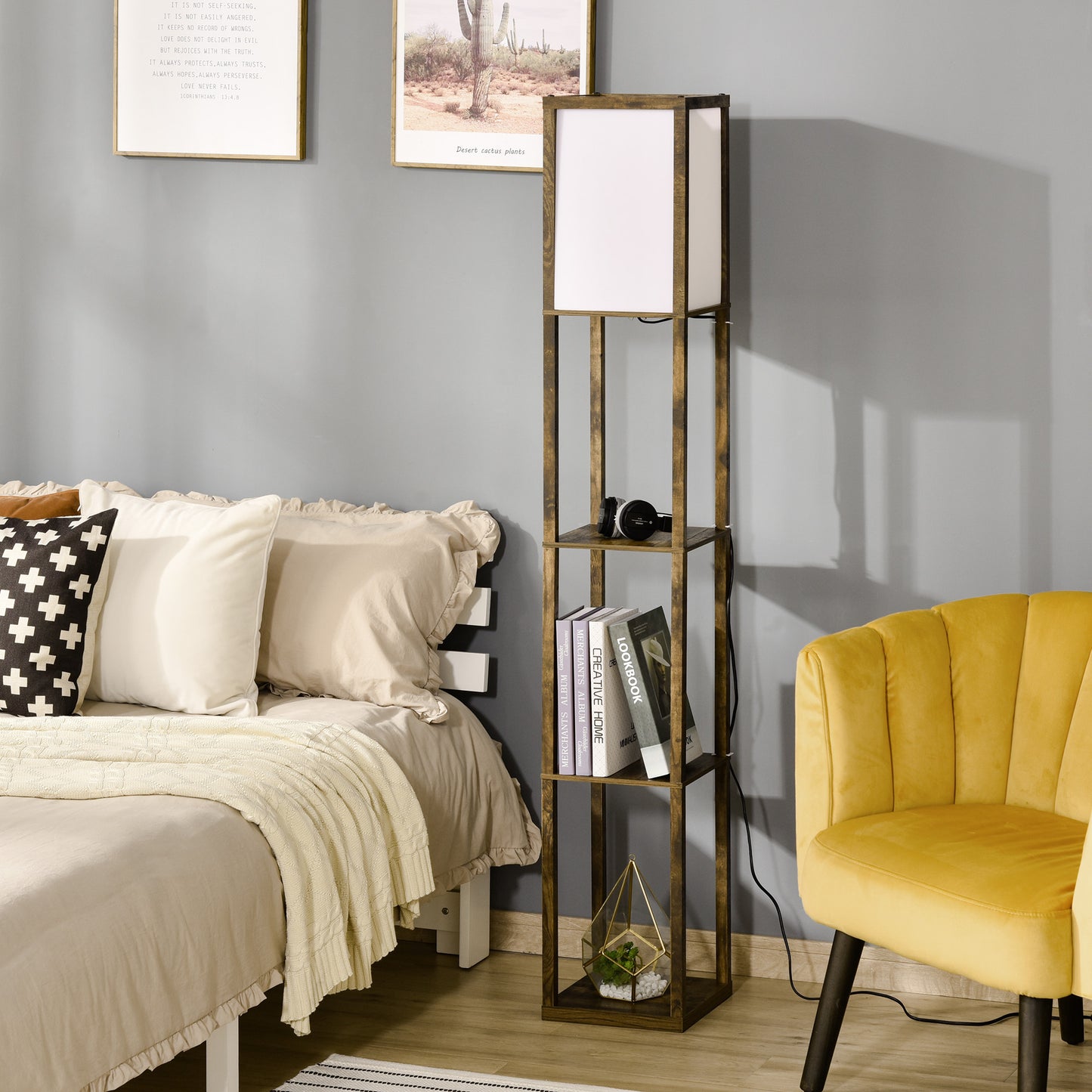 HOMCOM 4-Tier Floor Lamp Standing Lamp with Storage Shelf for Home Office Dorm Brown