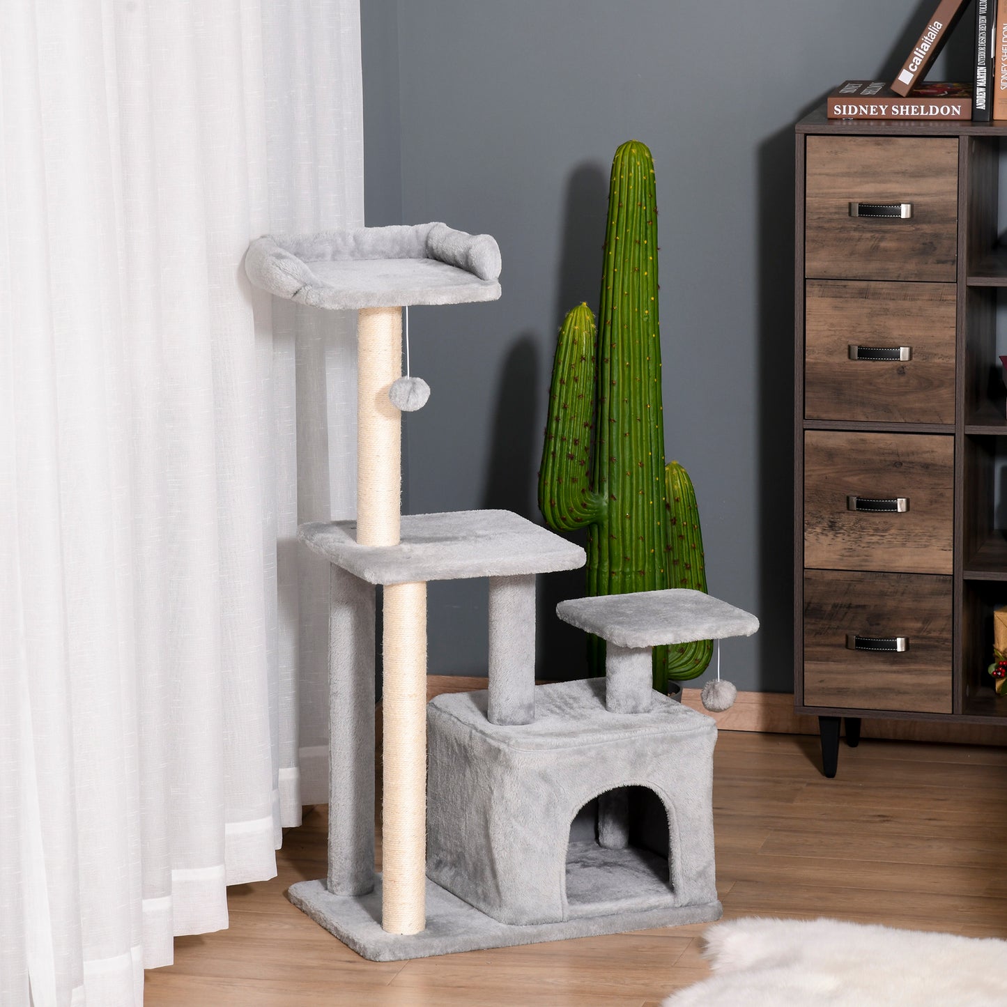 PawHut Cat Tree Tower w/ Scratching Posts Sisal Hanging Ball Condo 60 x 40 x 114cm