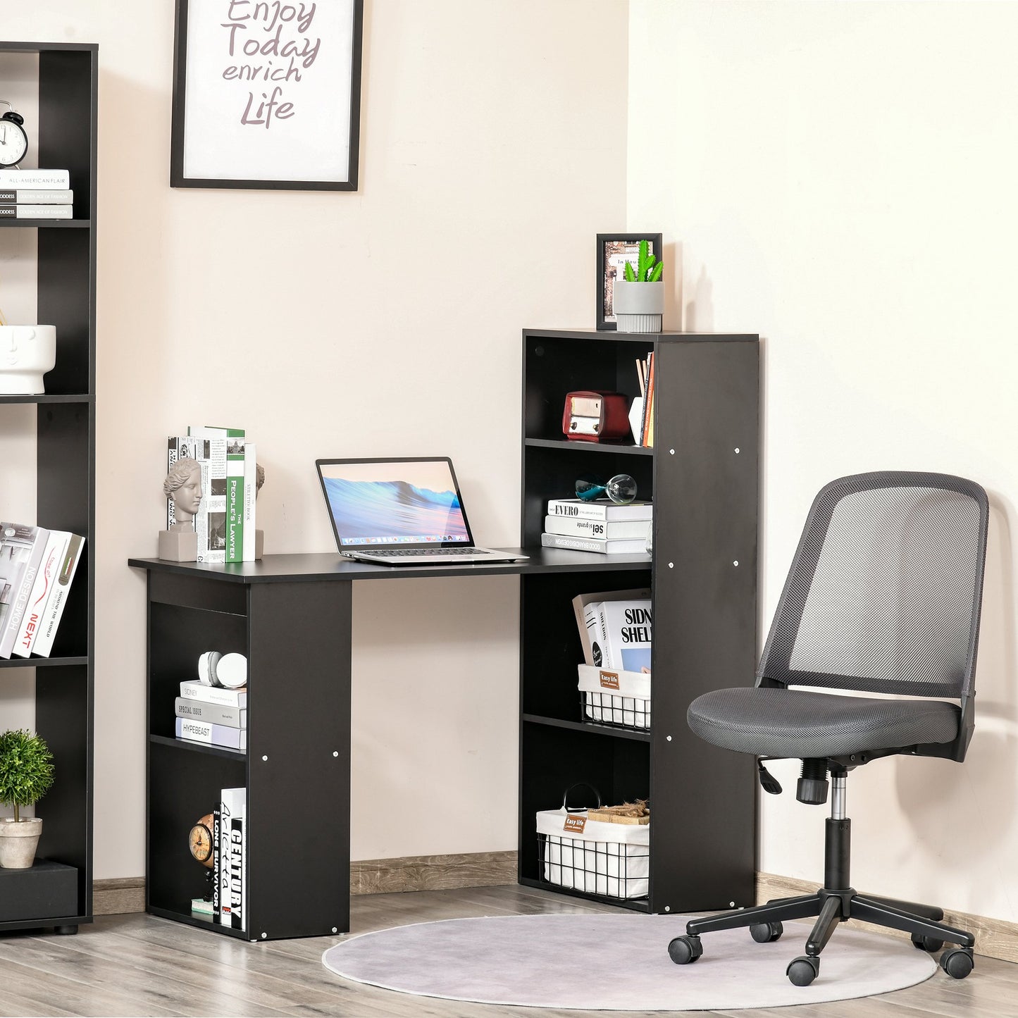 HOMCOM Modern Compact Computer Desk with 6-Tier Storage Shelves Combo, Writing Table Workstation with Bookshelf for Home Office-Black