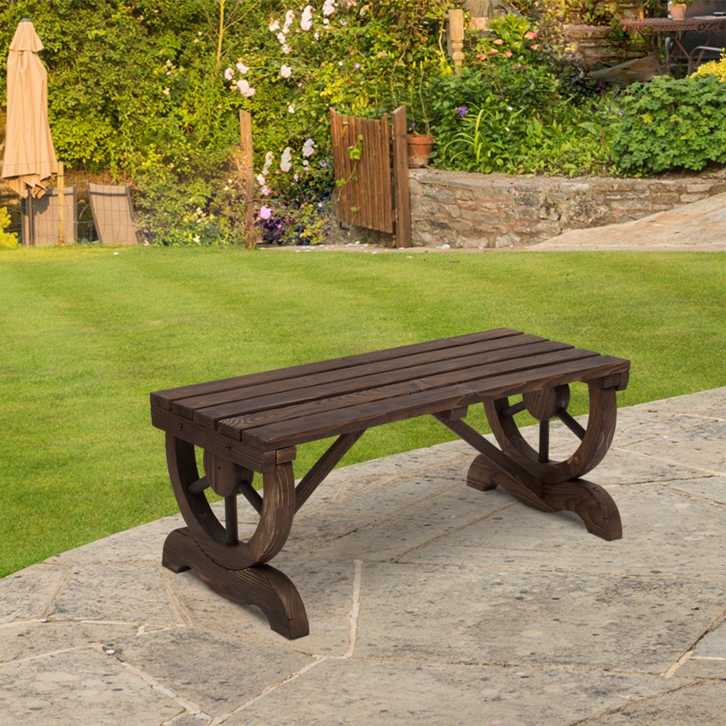 Outsunny Rustic Wooden Bench Wheel Garden Chair Loveseat Outdoor Park Seat - Brown