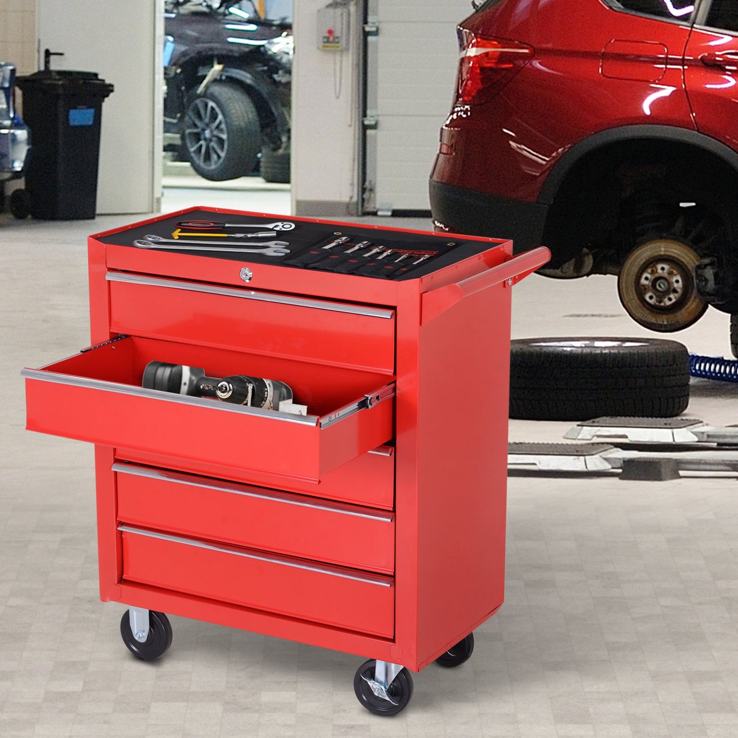 HOMCOM Roller Tool Cabinet, 5 Drawers-Red