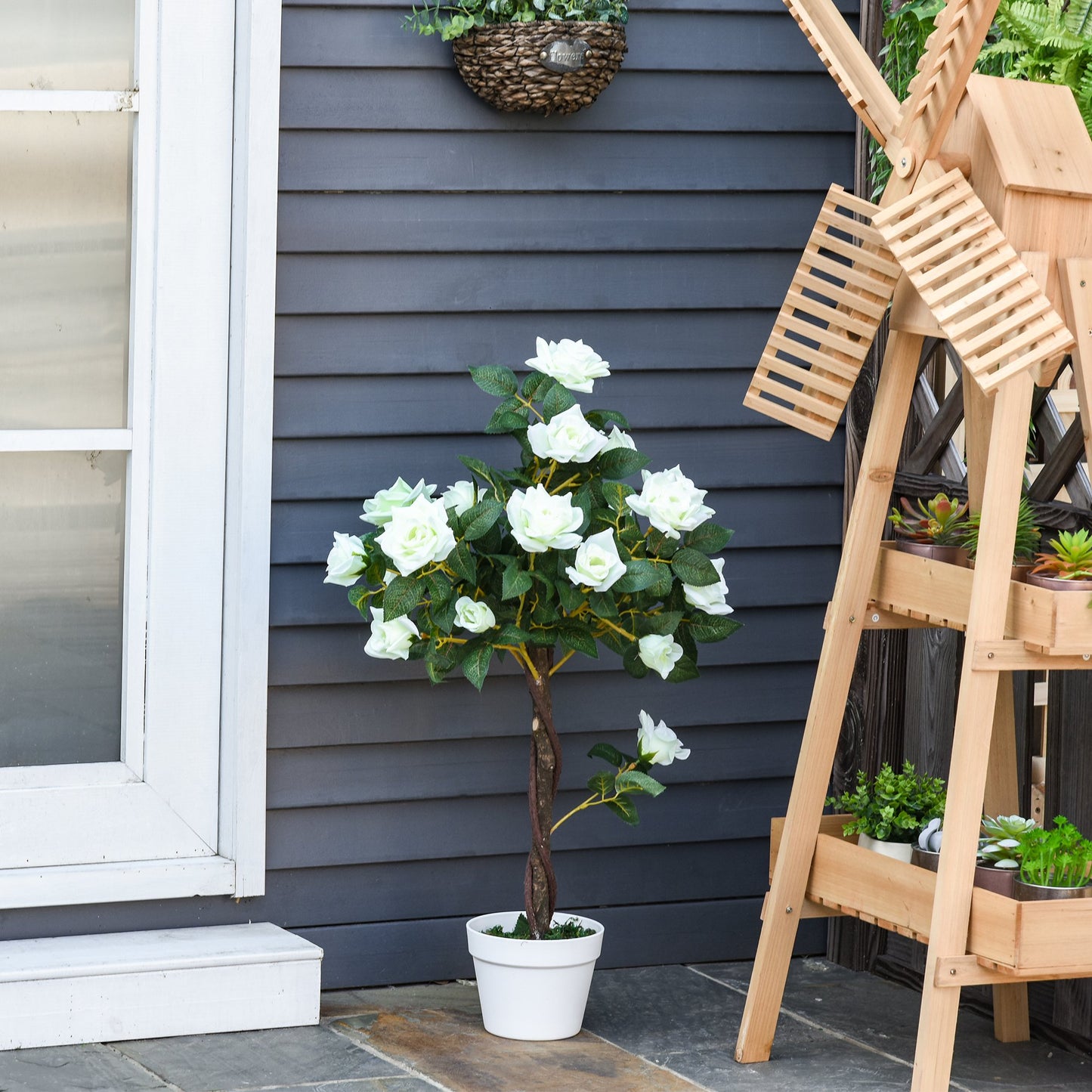 Outsunny Artificial Camellia Plant Realistic Fake Tree Potted Home Office 90cm White