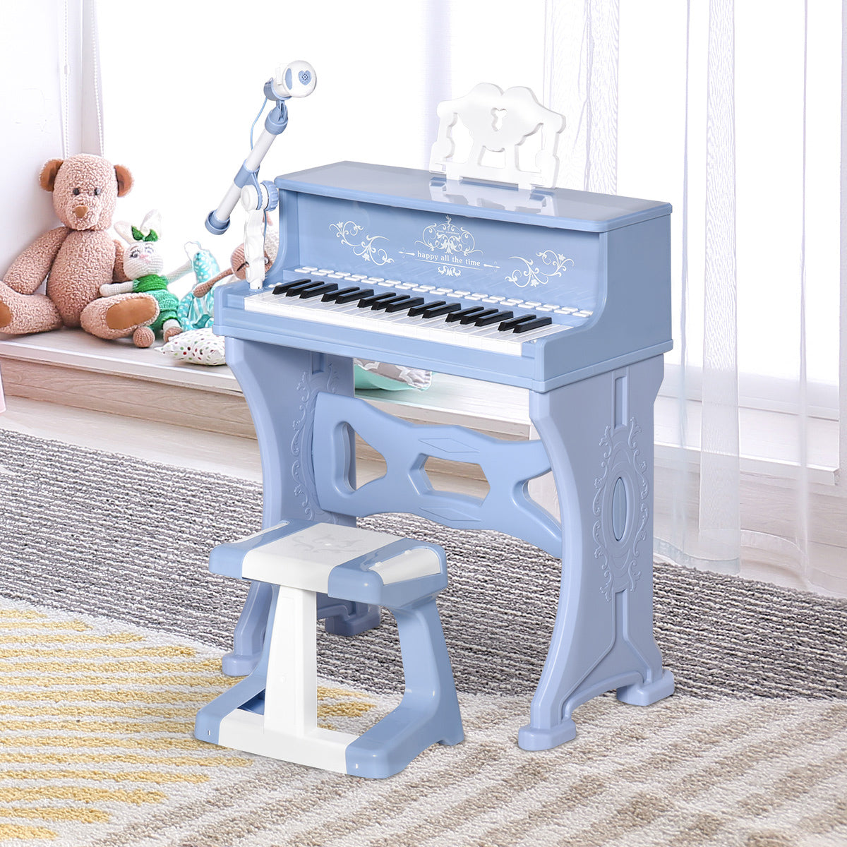 HOMCOM 37 Key Kids Battery Keyboard Mini Grand Piano Stool Microphone Musical Toy