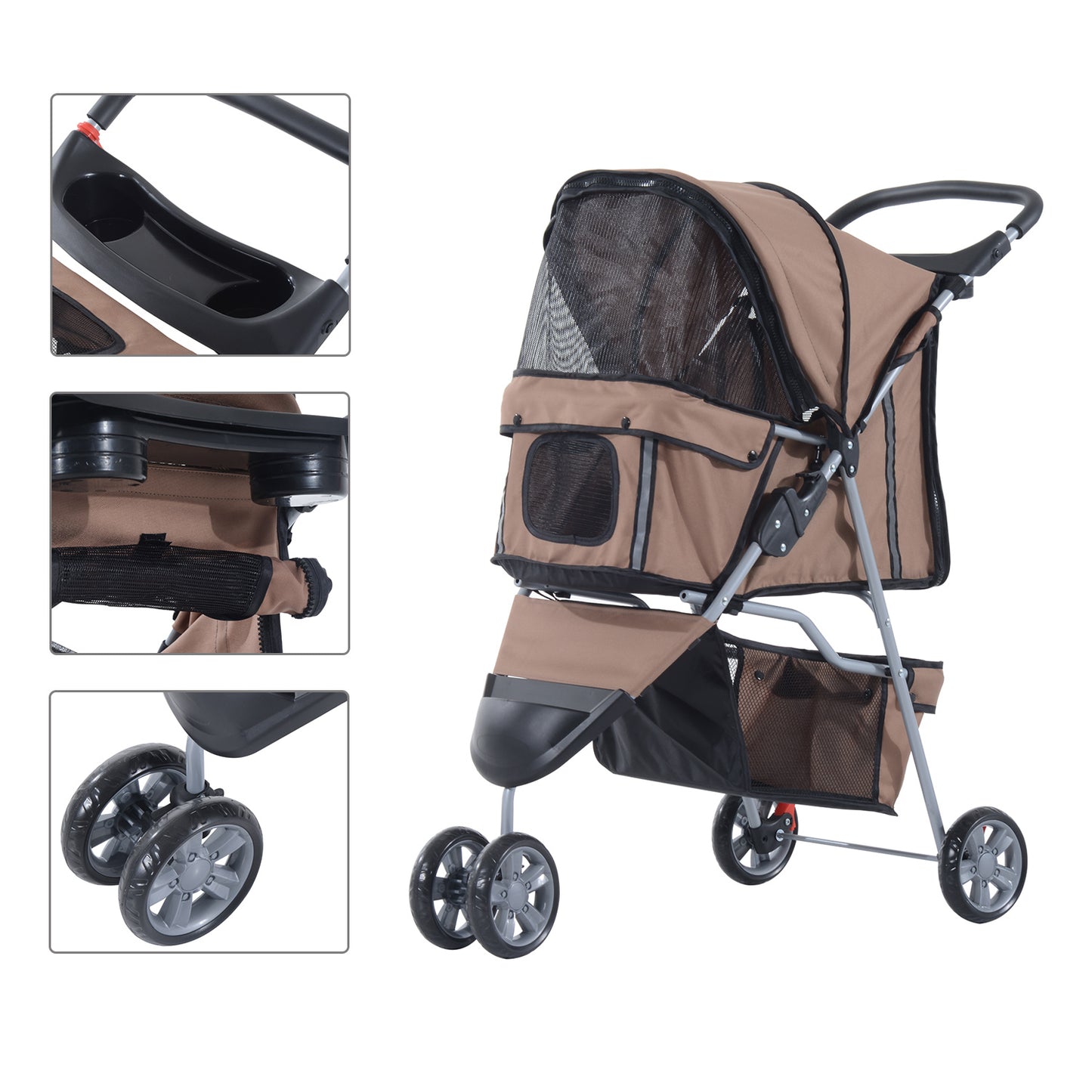 PawHut Dogs Oxford Cloth Three Wheel Pram Coffee - Suitable for Small Pets