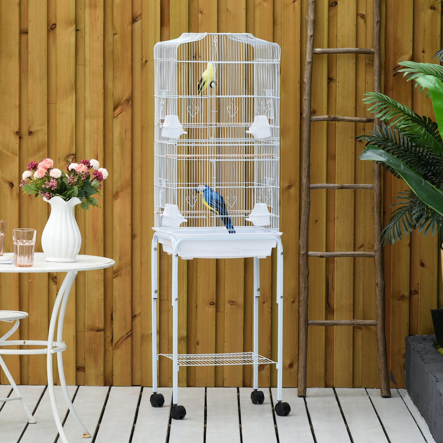 PawHut 153cm Metal Bird Cockatoo Cage w/Breeding Stand Feeding Tray Wheels Removable White