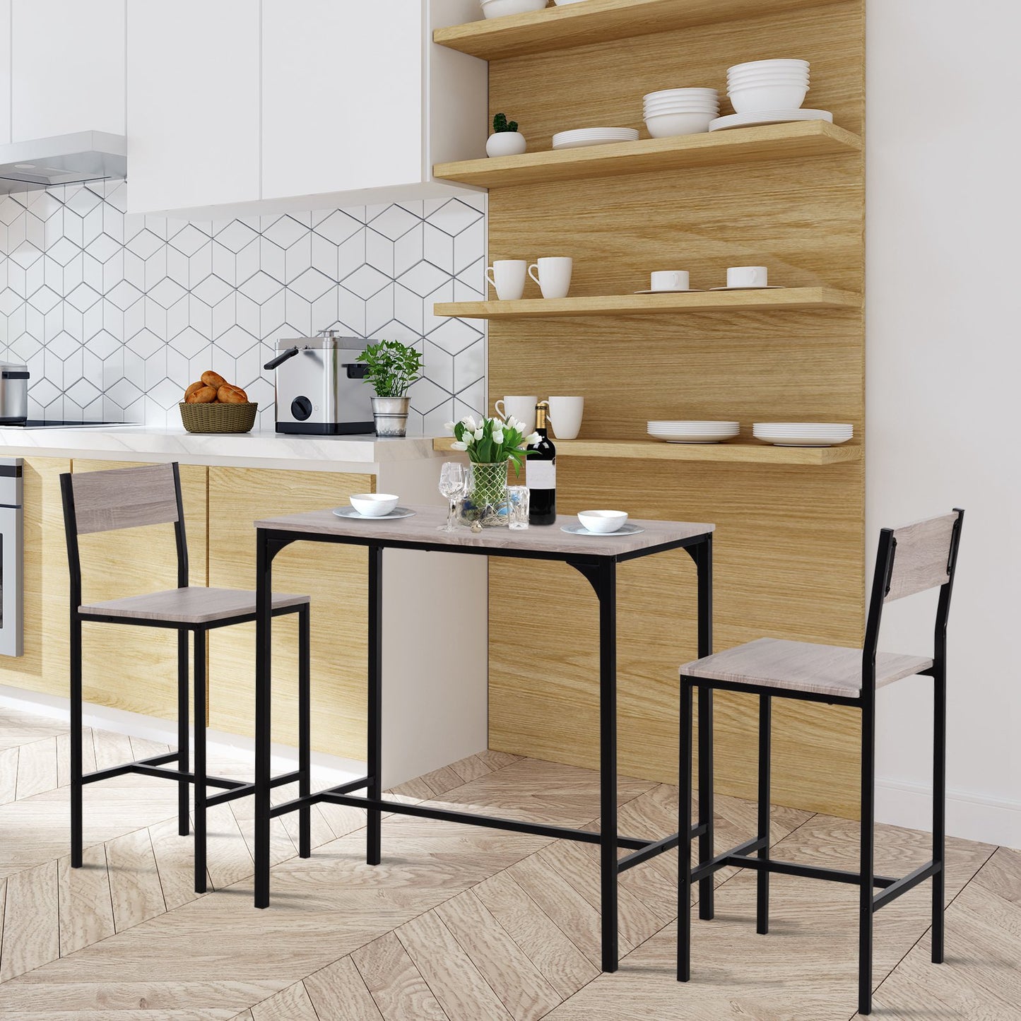 HOMCOM Metal Frame MDF Top Table & Bar Stool Set Black