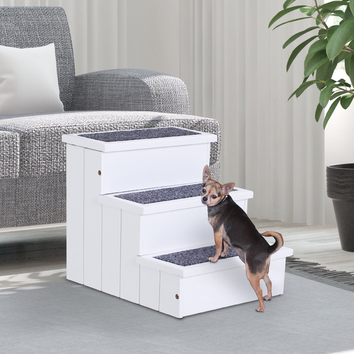 PawHut Pet 3-step Stairs Ramp Wood Carpet Non Slip