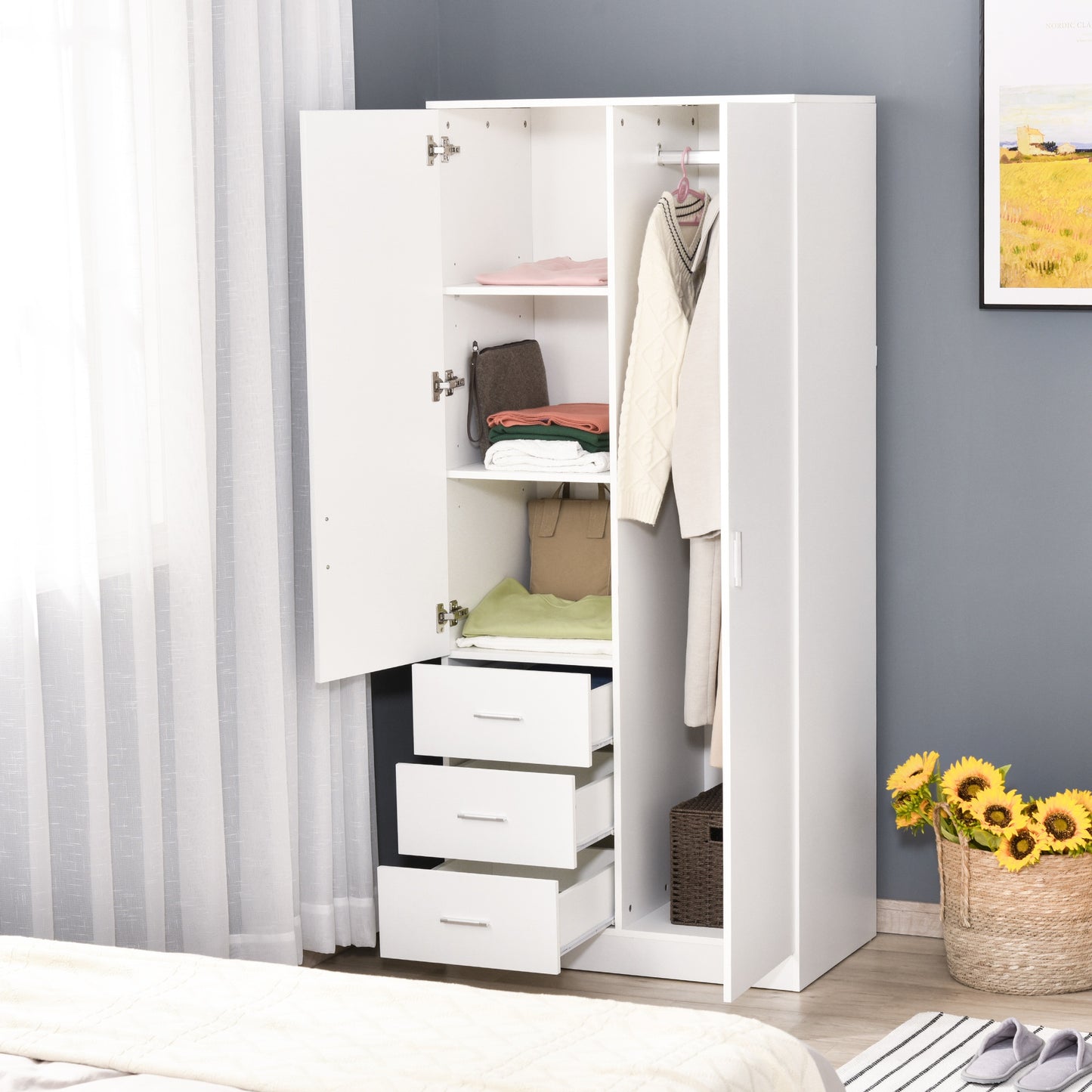 HOMCOM 2-Door Wardrobe w/ Adjustable Shelf 3 Drawers Mirror Home Storage, 80W x 50D x 180Hcm, White