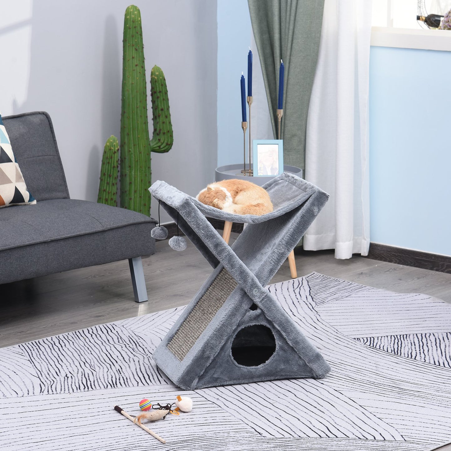 PawHut Two Tier Cat Tree Tower Scratching Post, 50L x 32W x 65Hcm-Grey