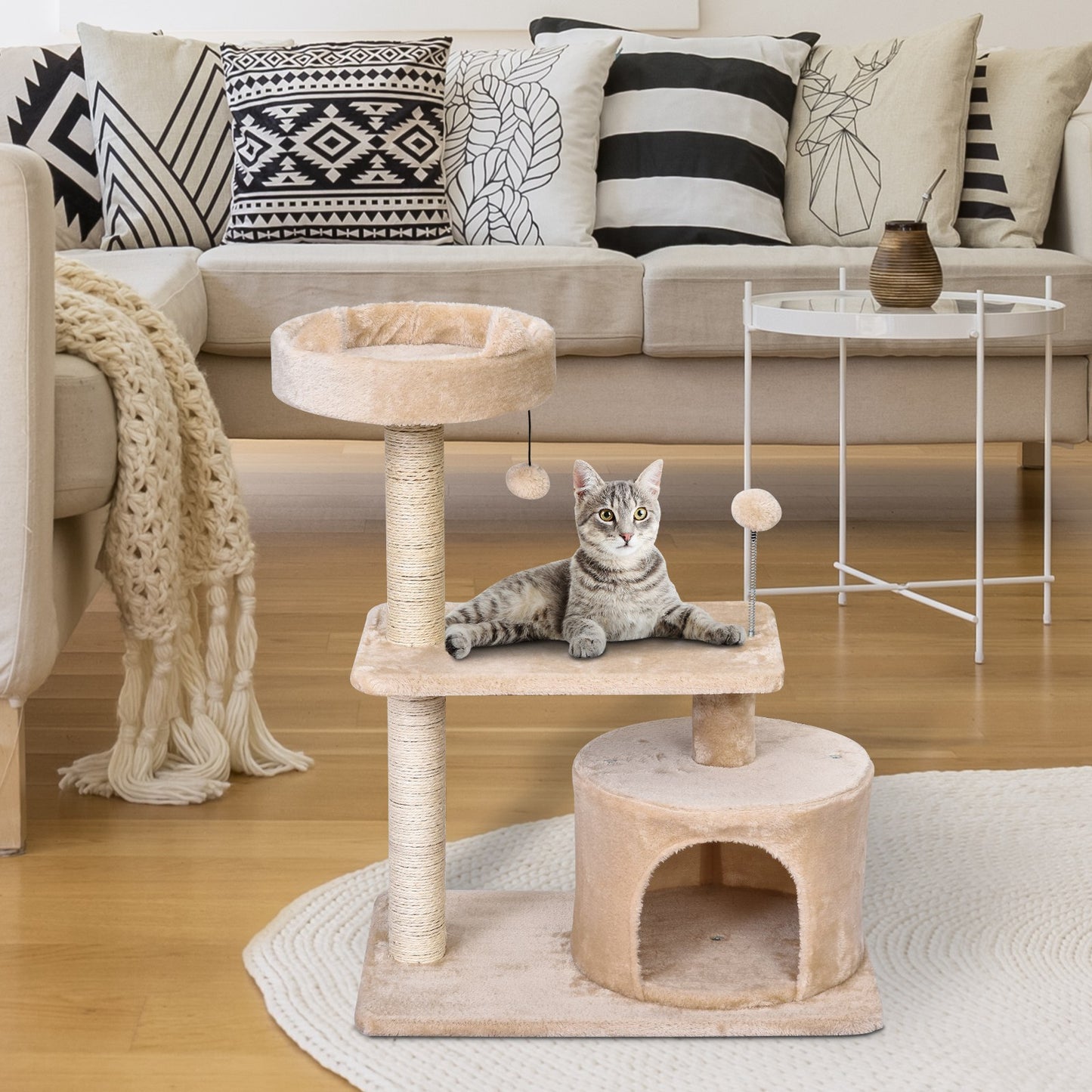 PawHut Cats 3-Tier Sisal Rope Scratching Post w/ Toys Beige