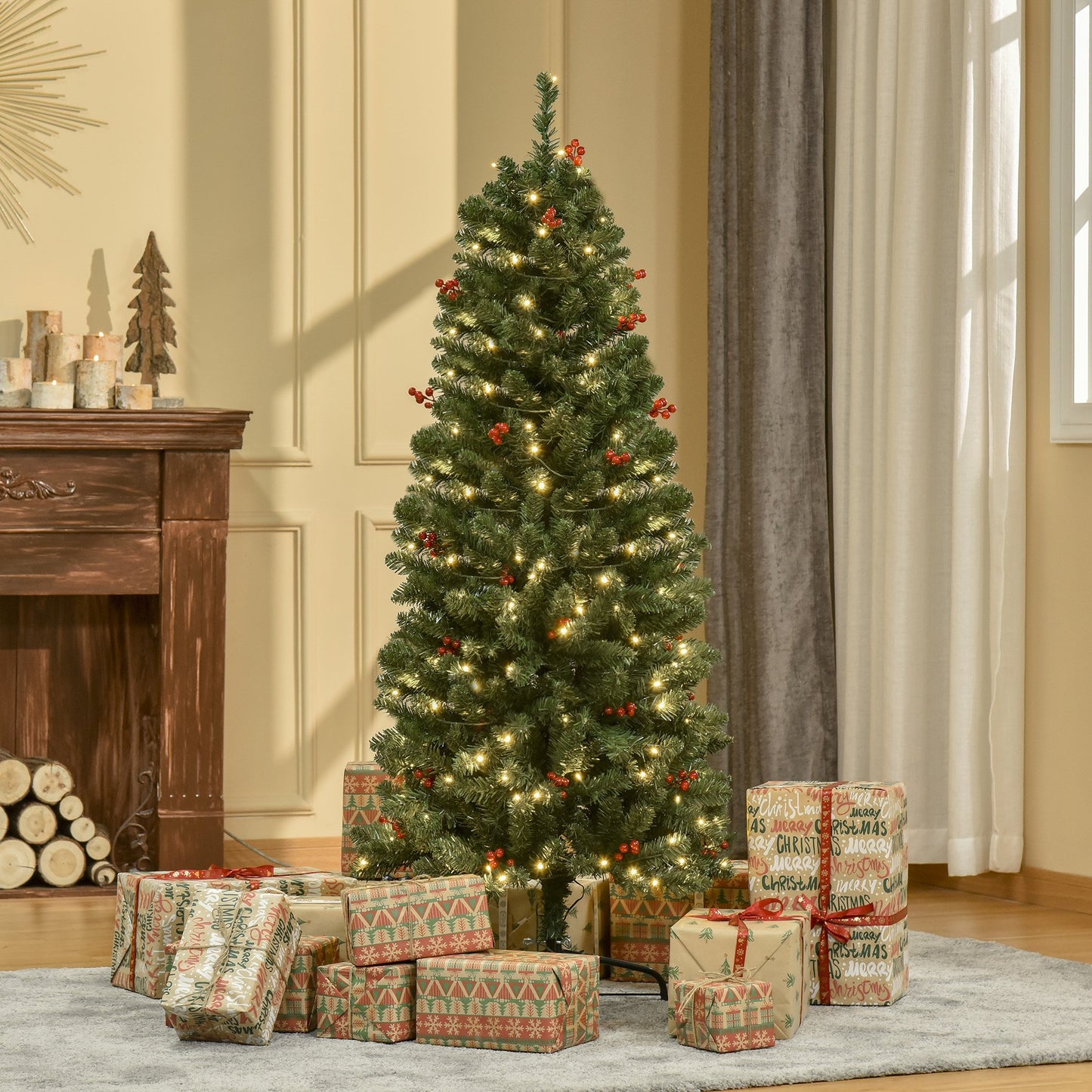 HOMCOM 5FT Prelit Artificial Pencil Christmas Tree w/ LED Light, Berry, Xmas Decor