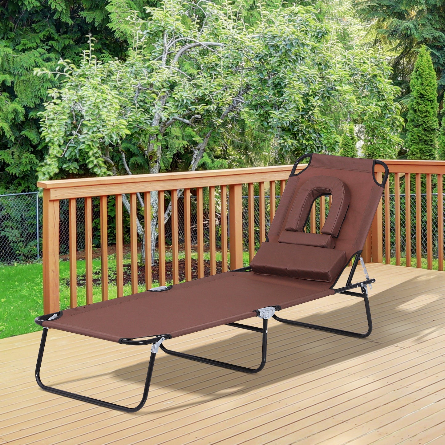 Outsunny Folding Sun Lounger W/ Pillow, Oxford Cloth, Steel Frame-Brown