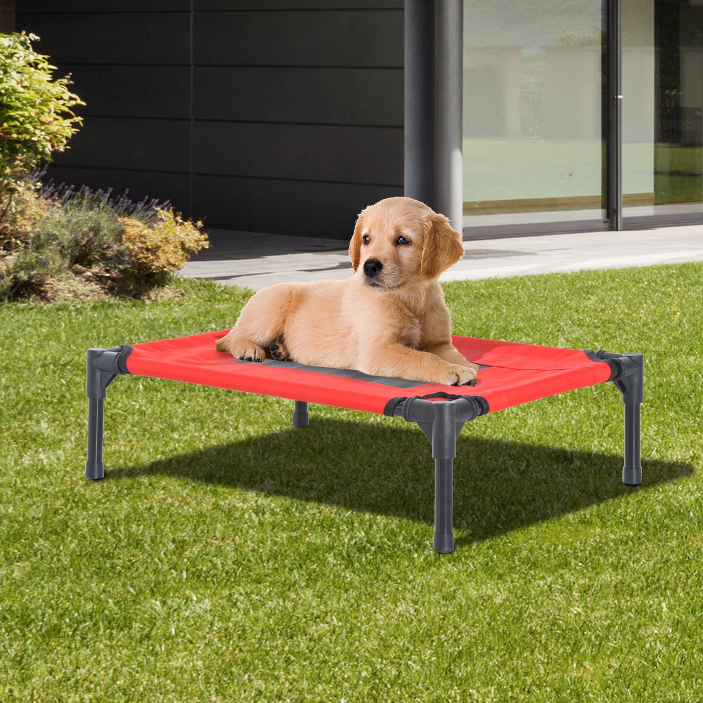 PawHut Elevated Pet Bed Portable Camping Raised Dog Bed w/ Metal Frame Black, Red (Small)