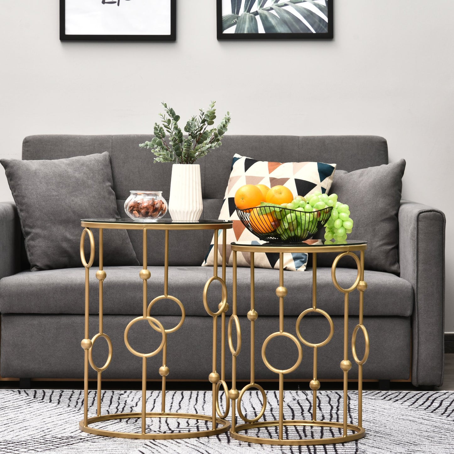 HOMCOM Round Coffee Tables Set of 2, Gold Nesting Side End Tables W/ Tempered Glass Top
