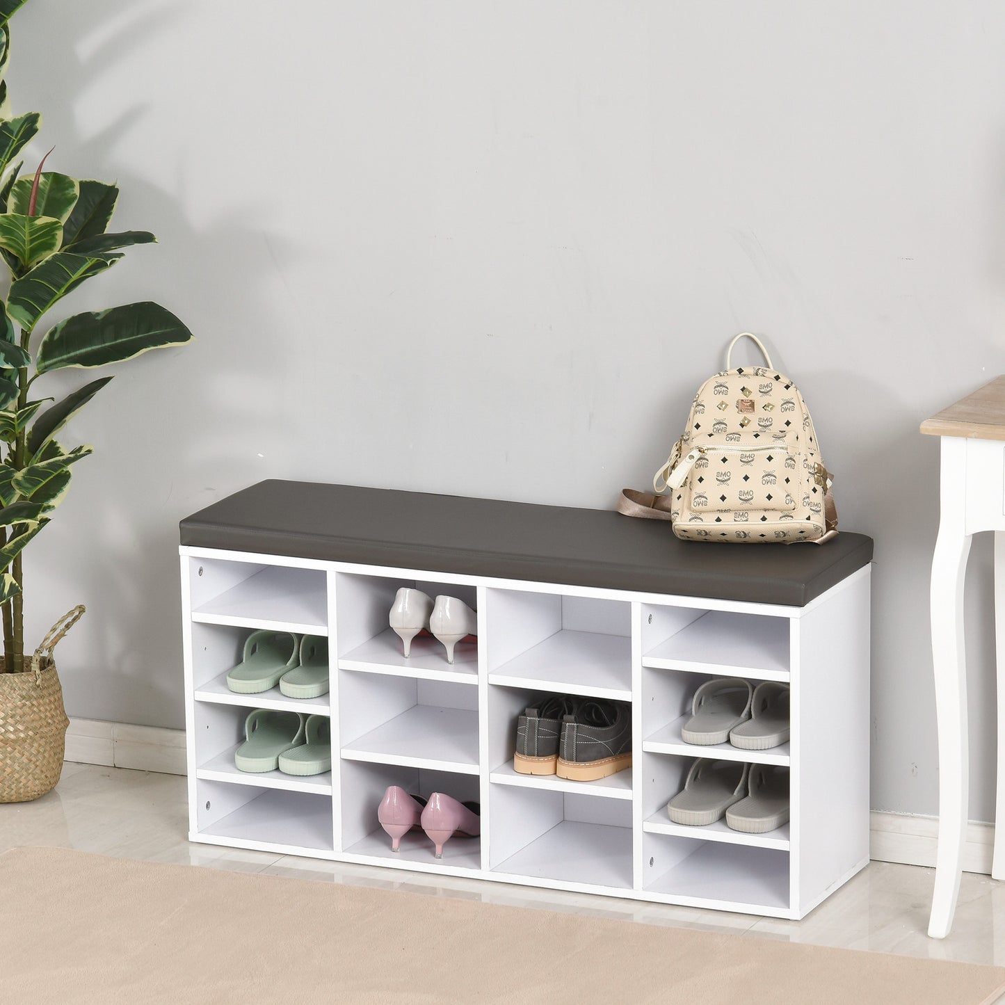 HOMCOM PU Leather 14-Compartment Shoe Storage Bench Brown/White