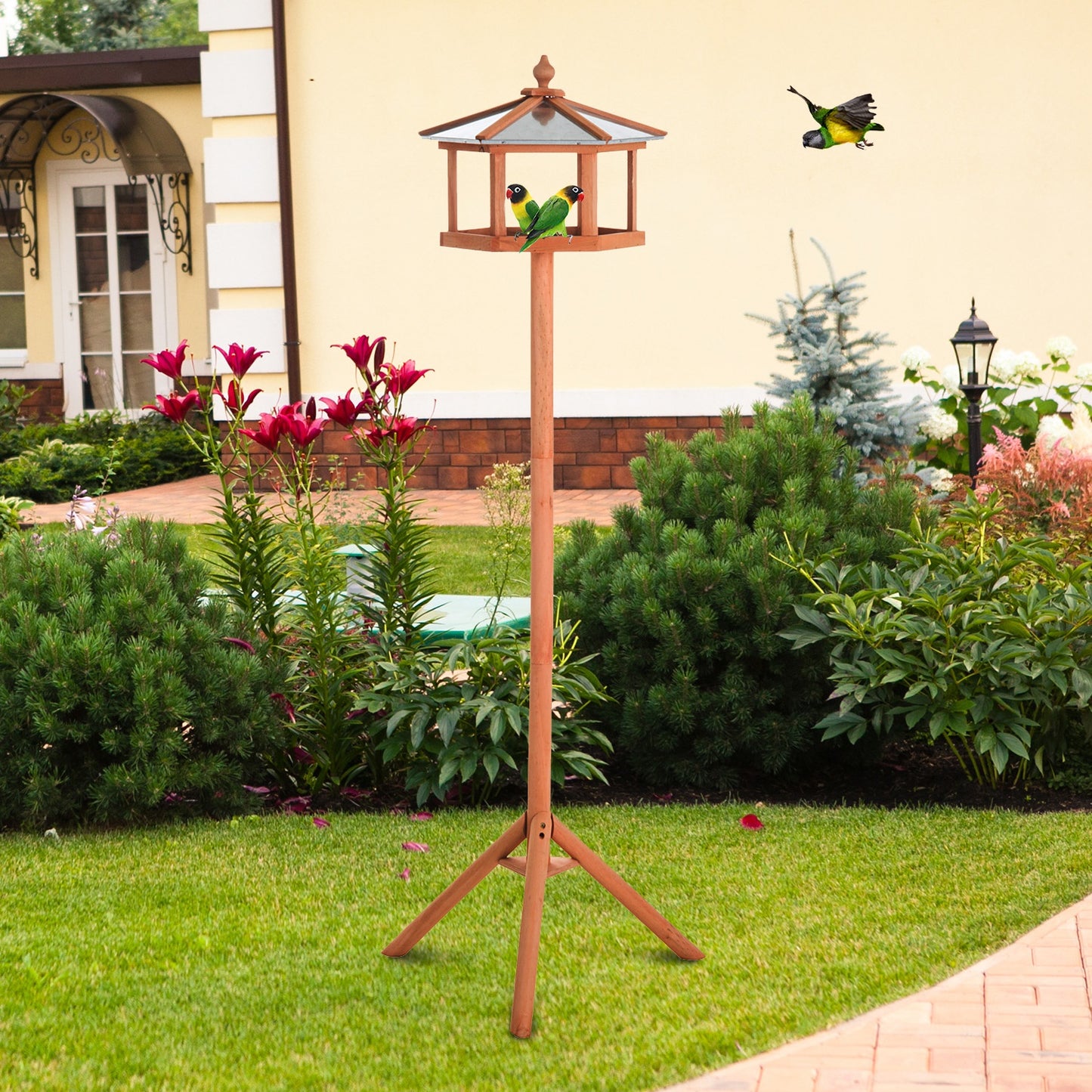 PawHut Wooden Freestanding Garden Bird Feeder Bird Stand Wood Tone