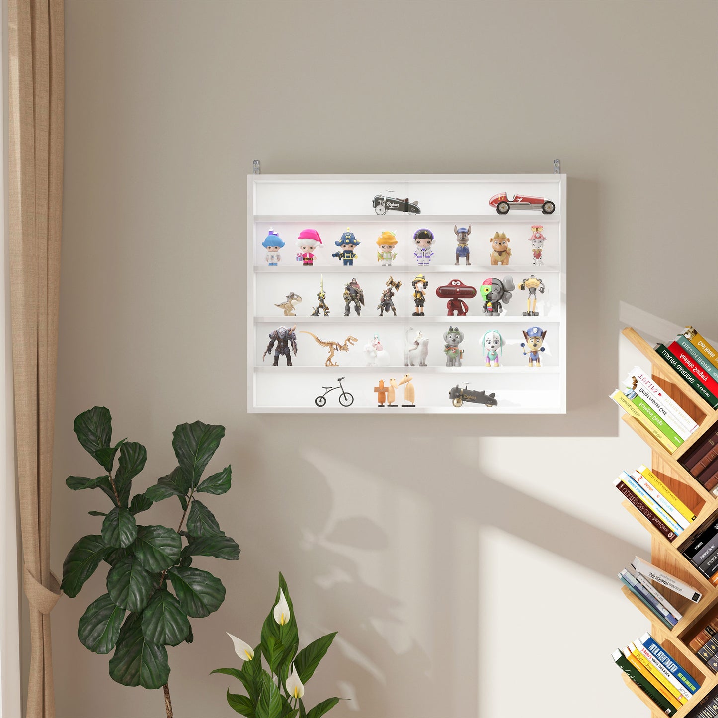 HOMCOM 5-Tier Wall Display Shelf Unit Cabinet w/ Adjustable Shelves Glass Doors White