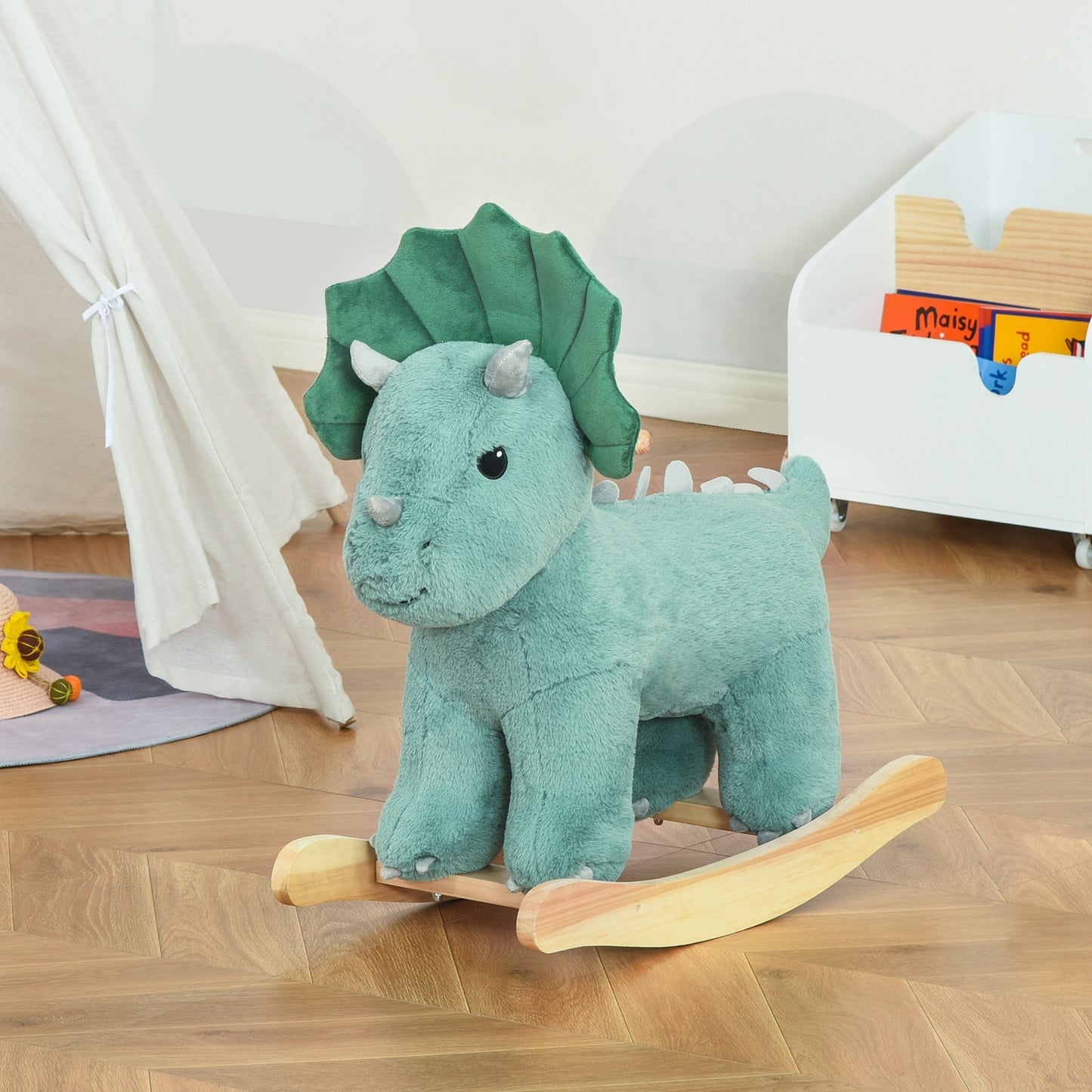 HOMCOM Kid Plush Ride-On Rocking Horse Triceratops-shaped Toy Rocker Realistic Sound