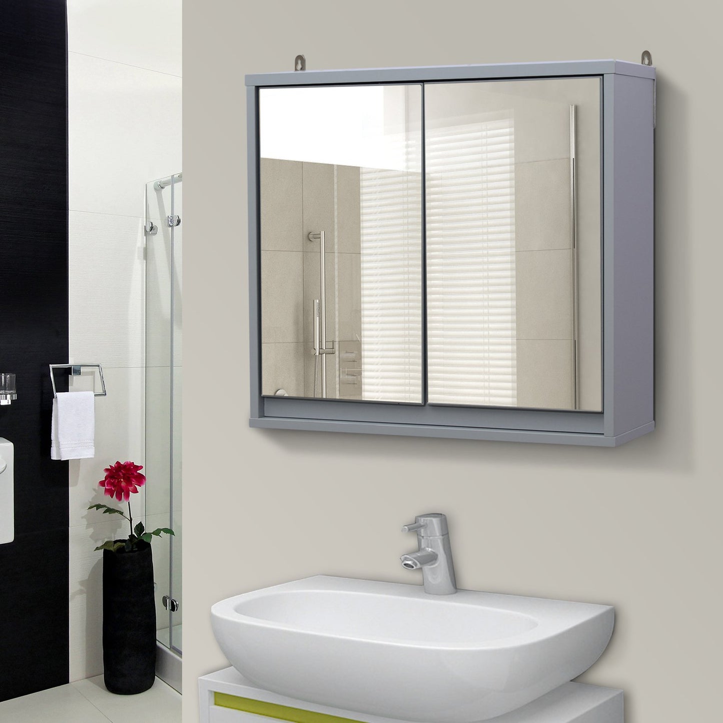 HOMCOM Wall Mounted Bathroom Mirror Cabinet, 48Wx14.5Dx45H cm-Grey