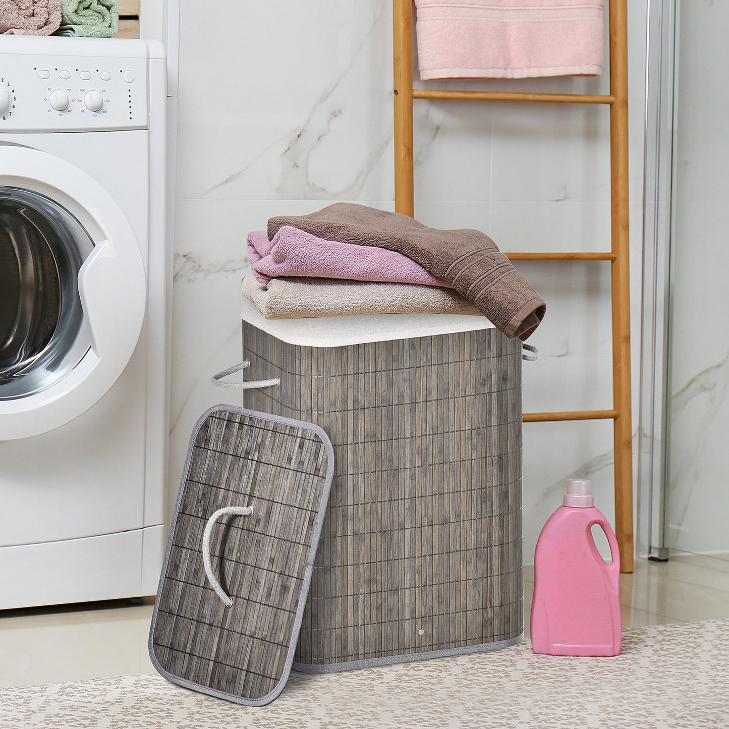 HOMCOM Bamboo Laundry Basket with Flip Lid Removable Lining and String Handles, Grey