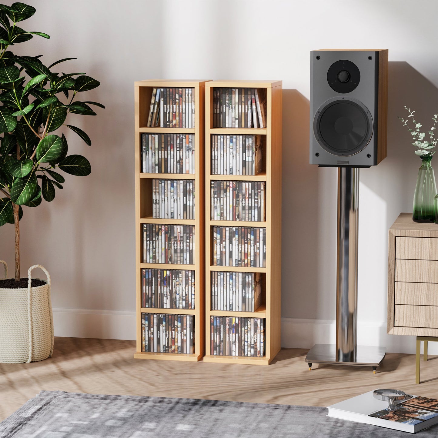 HOMCOM Set of 2 CD Media Display Shelf Unit Tower Rack w/ Adjustable Shelves Wood Color