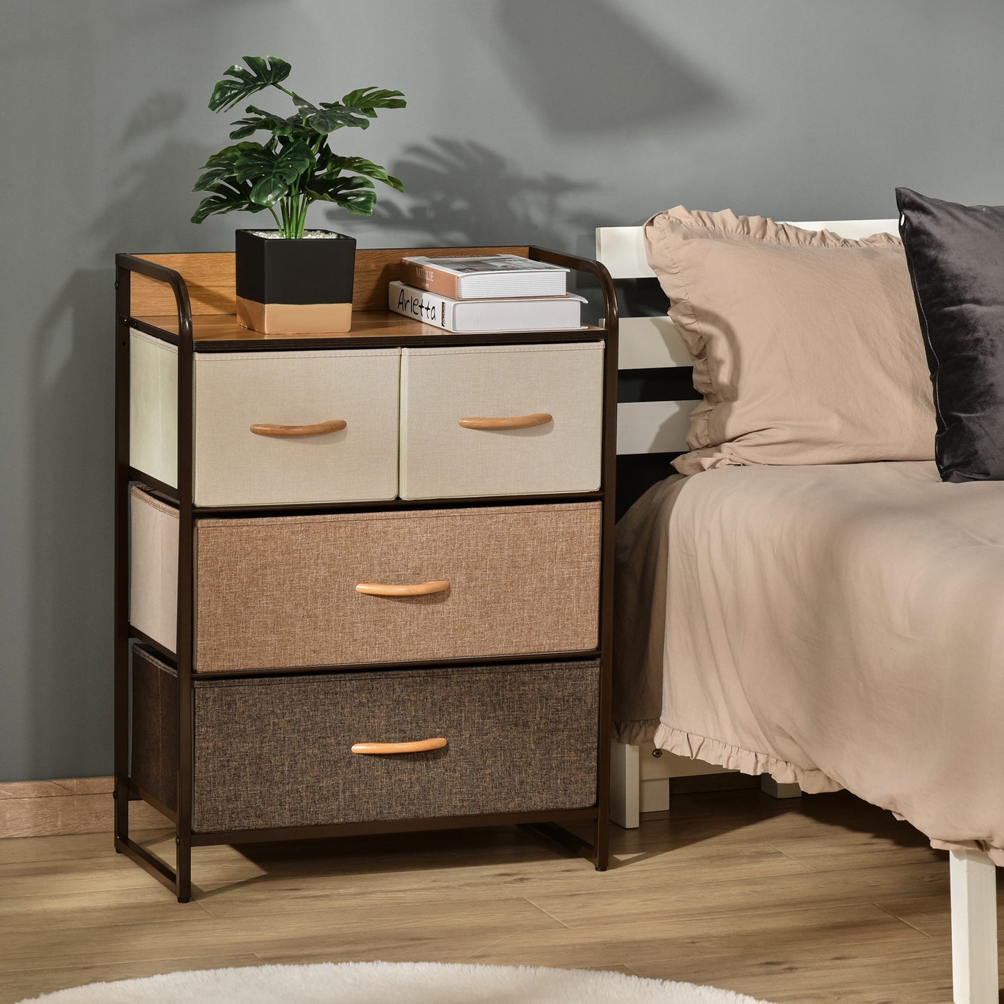 HOMCOM Drawers Storage Tower Dresser with Wood Top, Steel Frame Folding Organizer