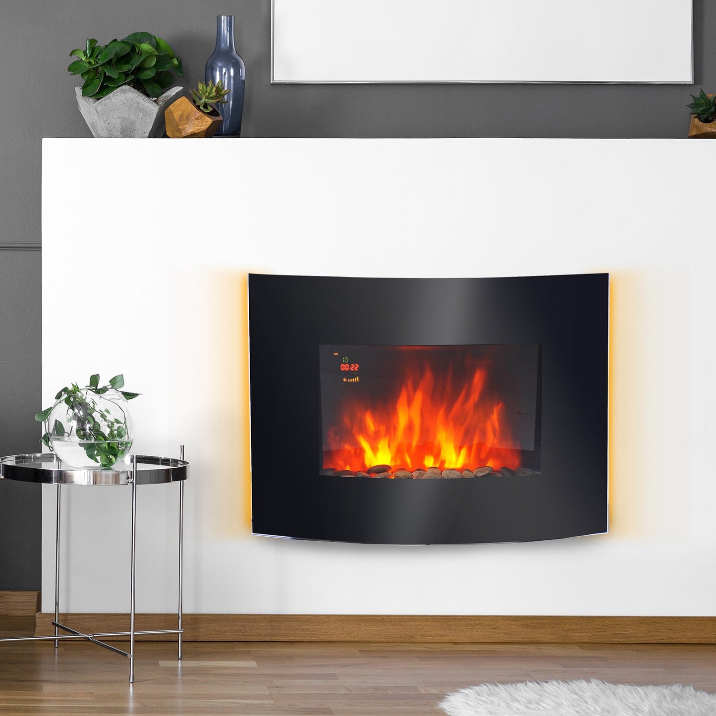 HOMCOM LED Curved Glass Electric Wall Mounted Fire Place, 900/1800W
