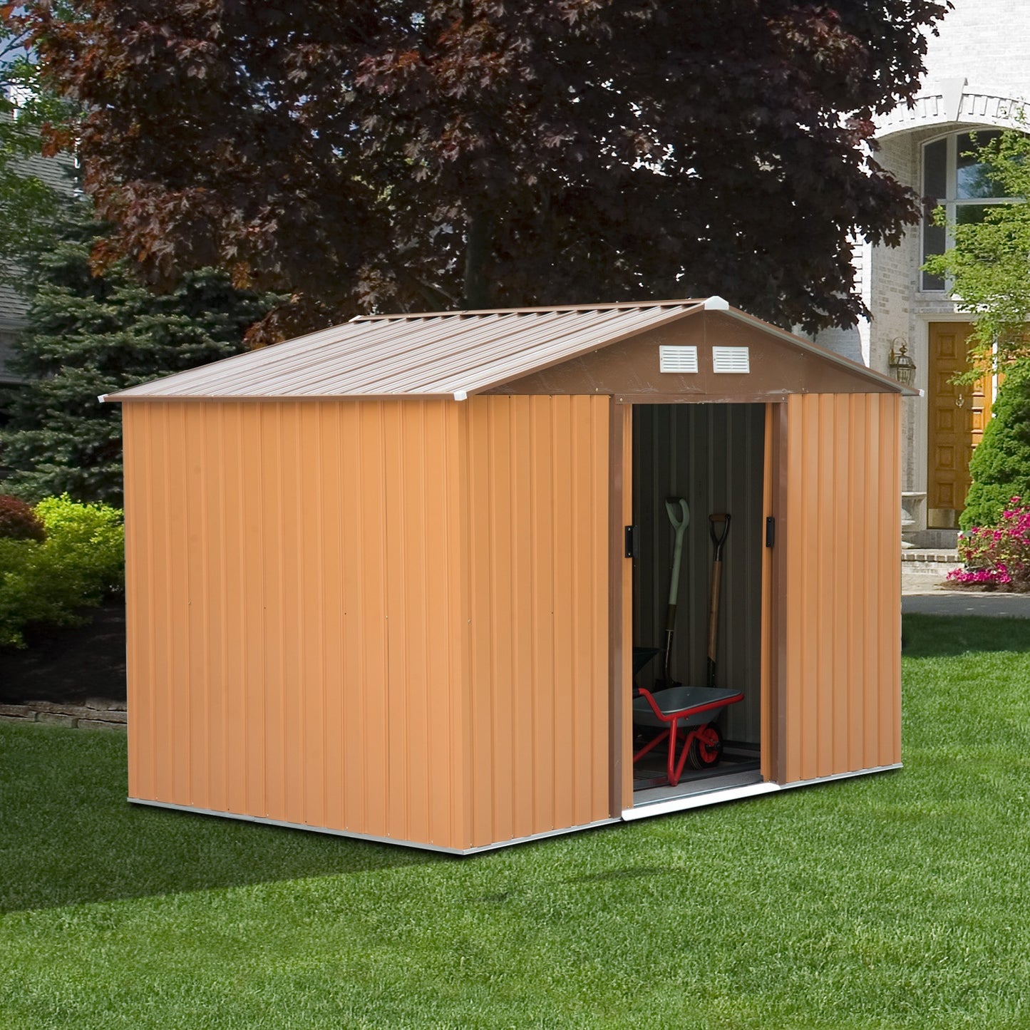 Outsunny 9 x 6ft Metal Garden Shed - Khaki
