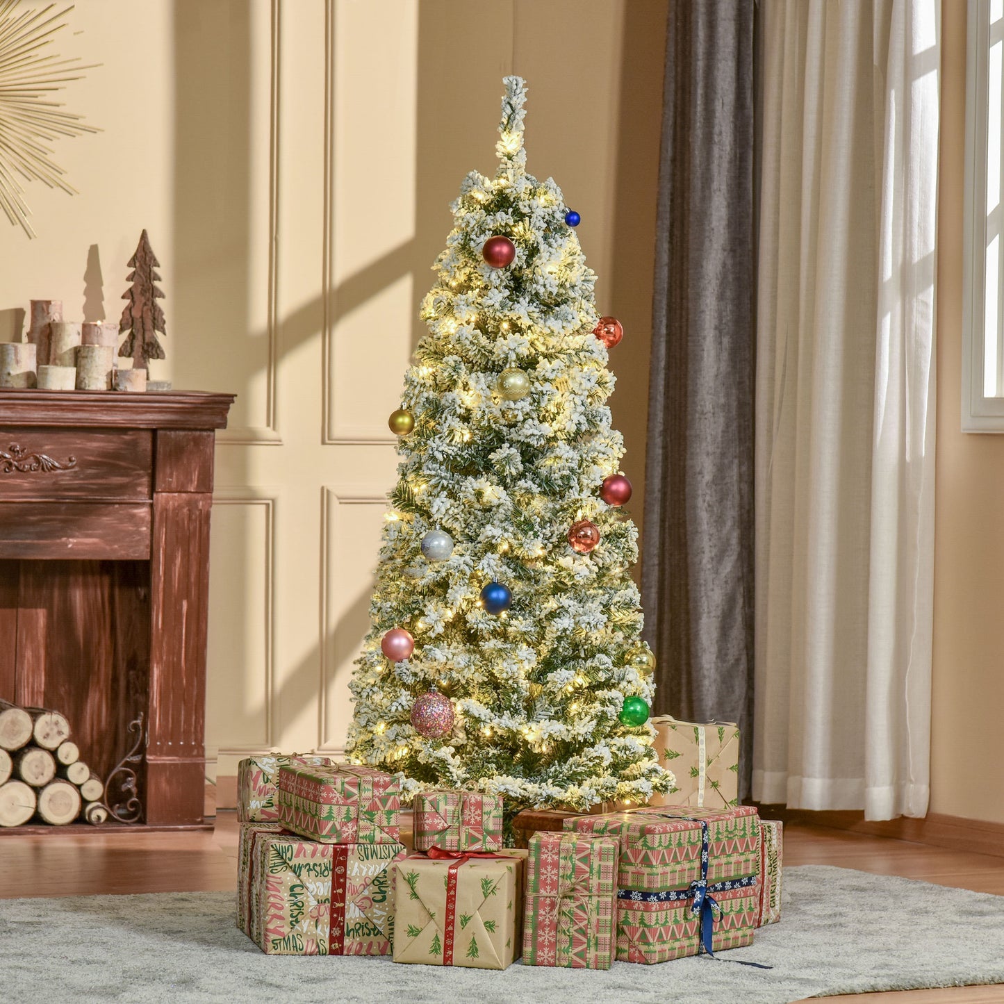 HOMCOM 5FT Prelit Snow Flocked Christmas Tree w/ Light, Indoor Home Xmas Decoration