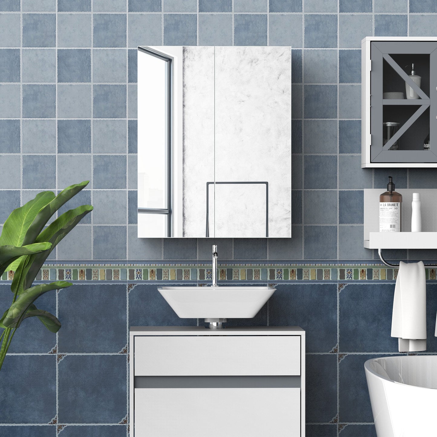 HOMCOM Wall Mount Mirror Cabinet Bathroom Storage 3-Tier Shelf Inside Double Door, 75x60x15 cm-White