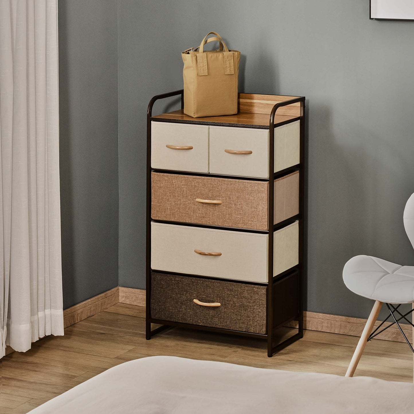 HOMCOM 5-Drawer Dresser Tower Fabric Chest of Drawers with Steel Frame Wooden Top