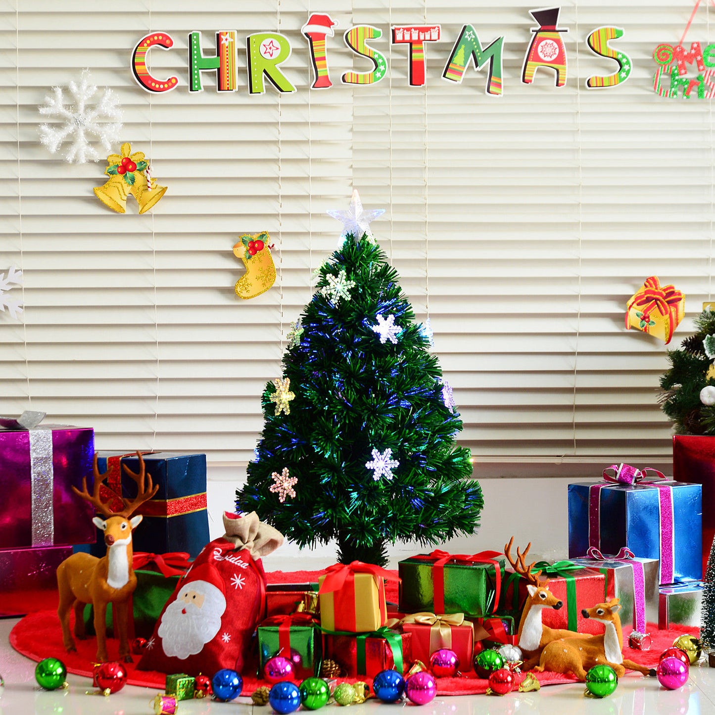 HOMCOM 3ft 90cm Green Fibre Optic Artificial Christmas Tree W/ Snowflakes Lights