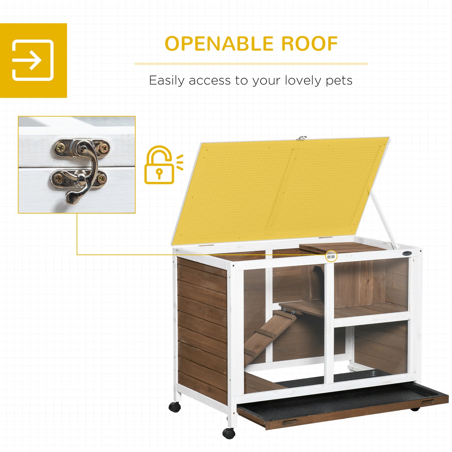 PawHut Wooden Rabbit Hutch Guinea Pigs House Bunny Small Animal Cage W/ Pull-out Tray Openable Roof Wheels 91.5 x 53.3 x 73 cm, Brown