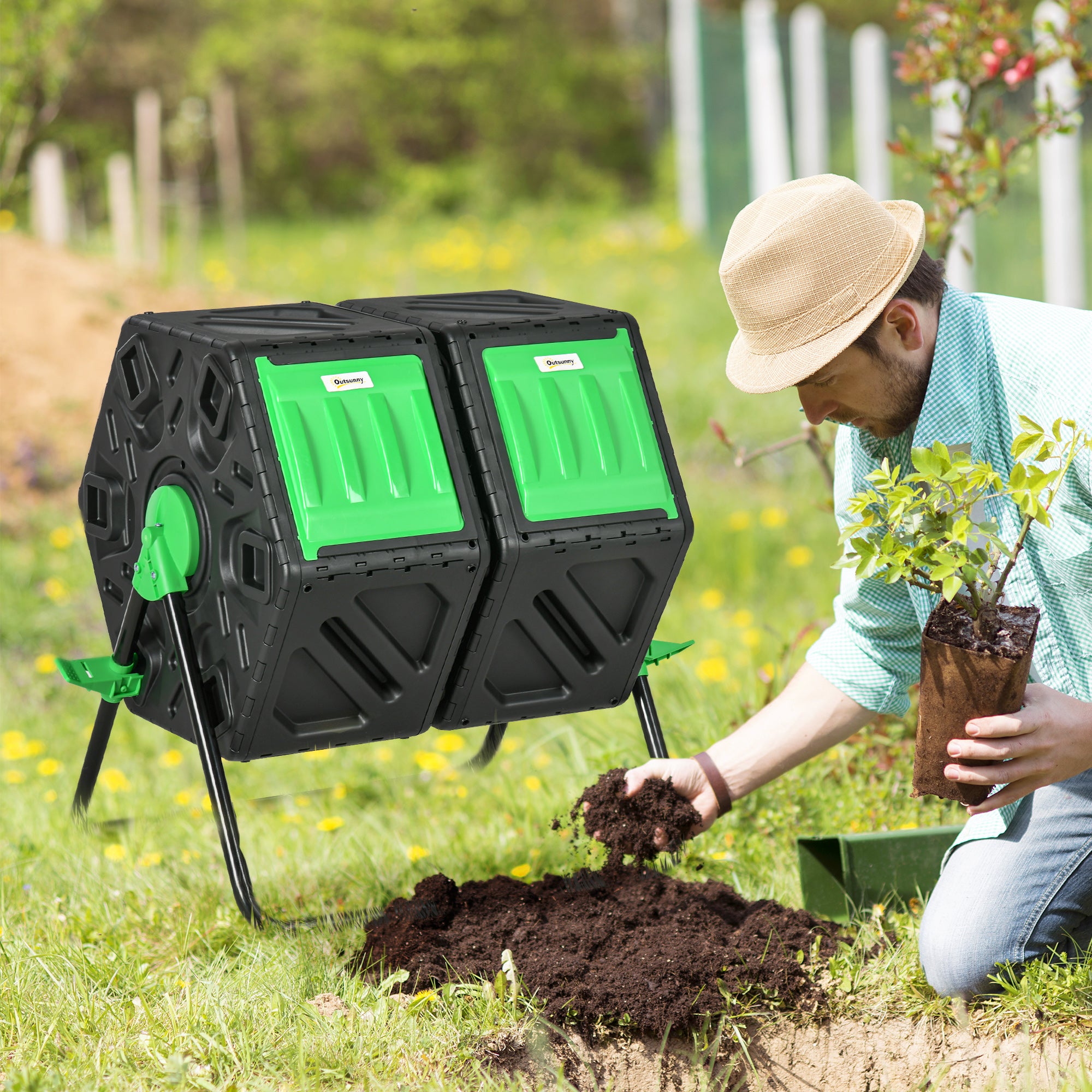 Outsunny Dual Chamber Garden Compost Bin, 130L Rotating Composter, Com