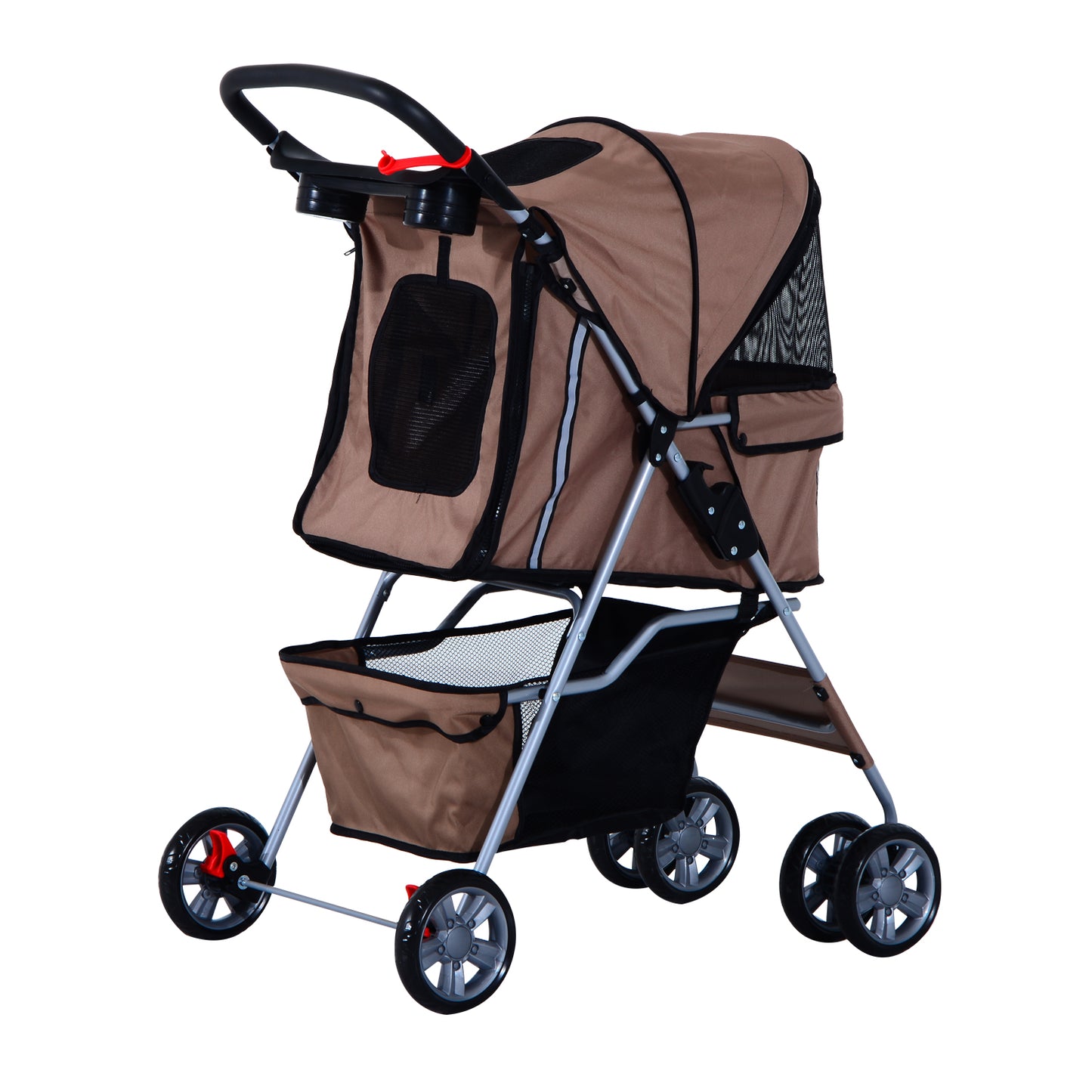 Pawhut Oxford Cloth Foldable Dog Stroller Pet Trolley w/ Zipper Entry-Brown/Silver