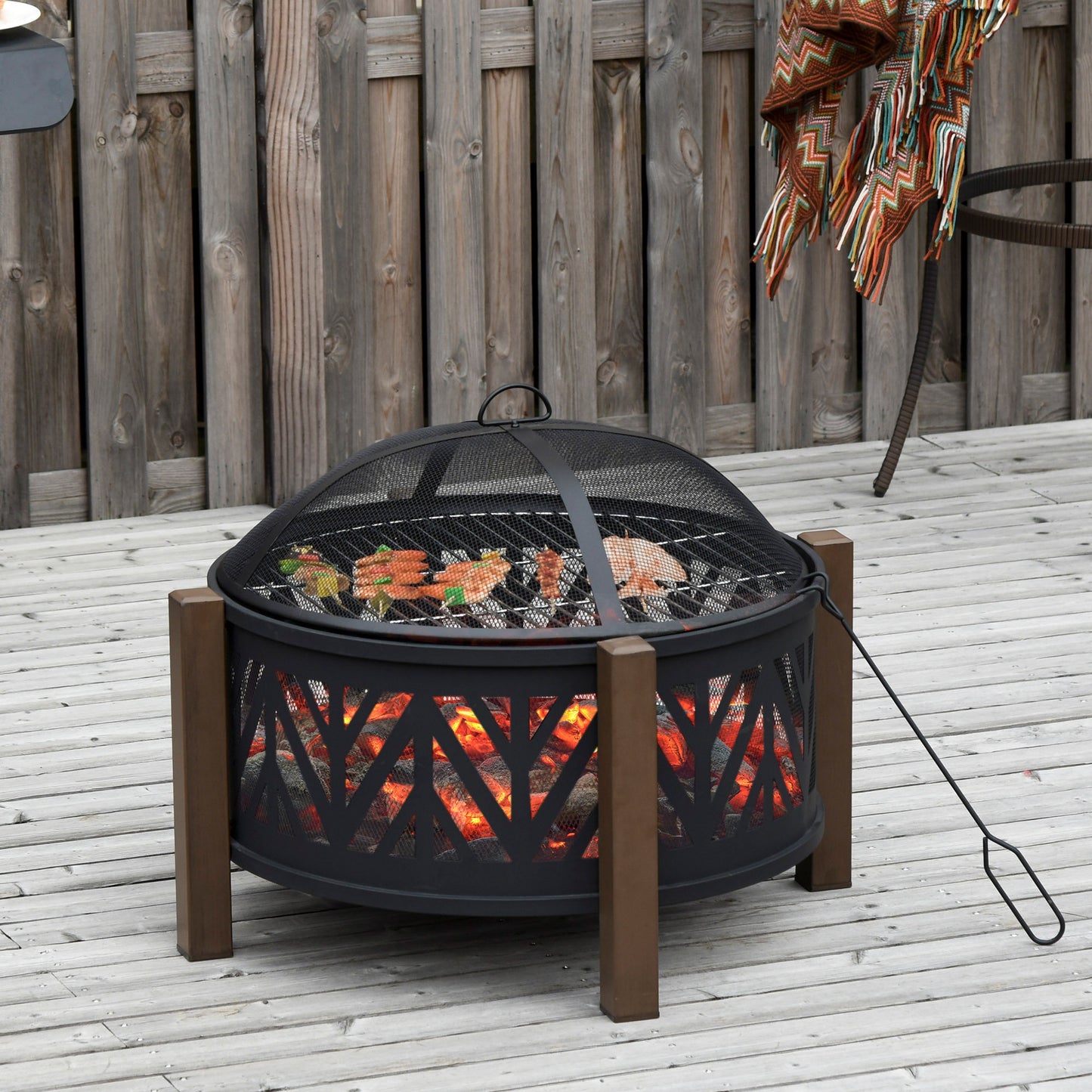 Outsunny Outdoor Fire Pit with Grill Cooking Grate Screen Cover Fire Poker Bonfire Patio
