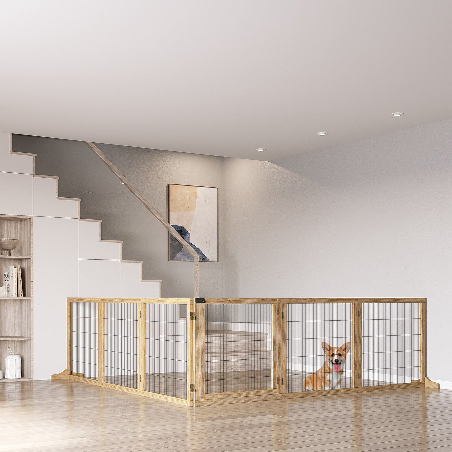 PawHut Wooden Pet Gate Freestanding Dog Safety Barrier with Two Support Feet Natural Tone