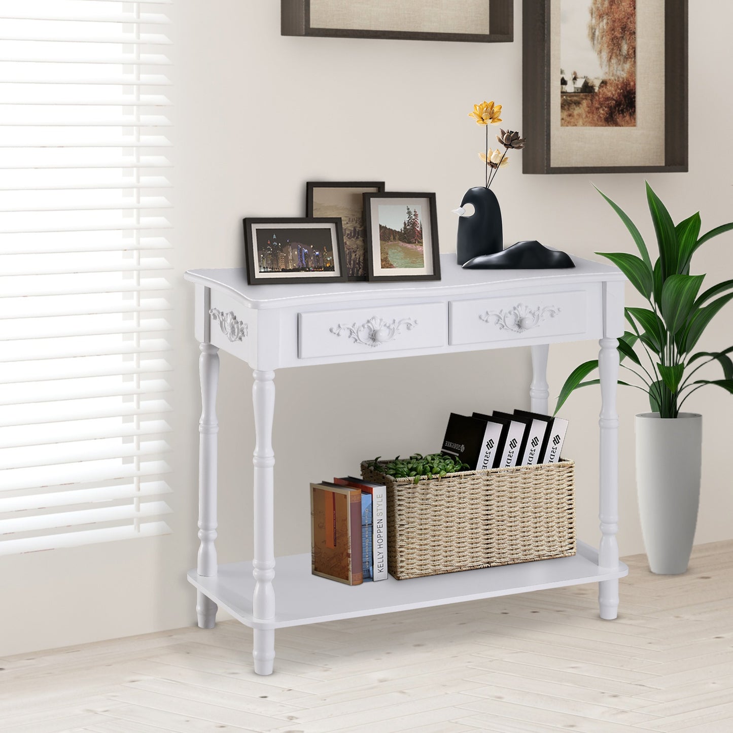 HOMCOM 2 Drawers Console Table-White