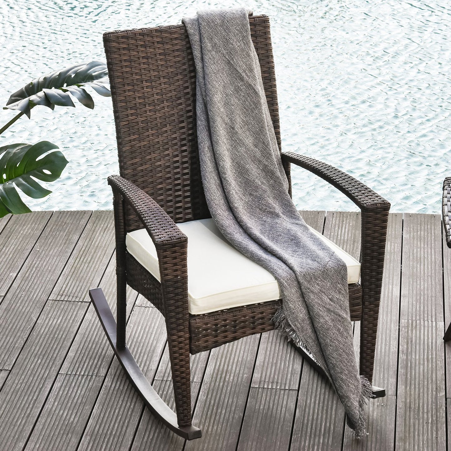 Outsunny Rattan Rocking Chair W/ Cushion-Brown/Beige