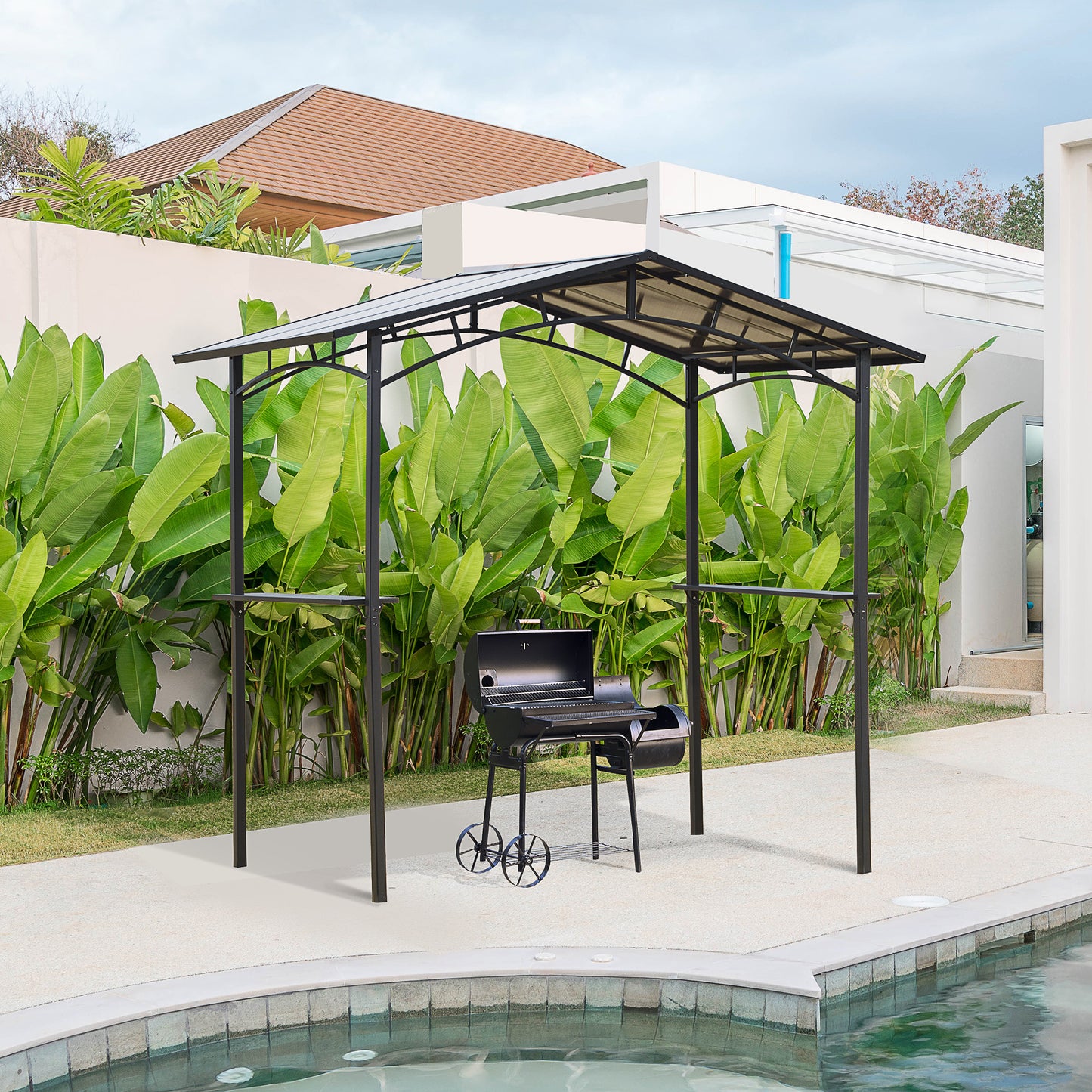 Outsunny 2.5 x 1.5m Grill Gazebo Outdoor BBQ Gazebo Canopy with Side Shelves PC Roof Aluminium