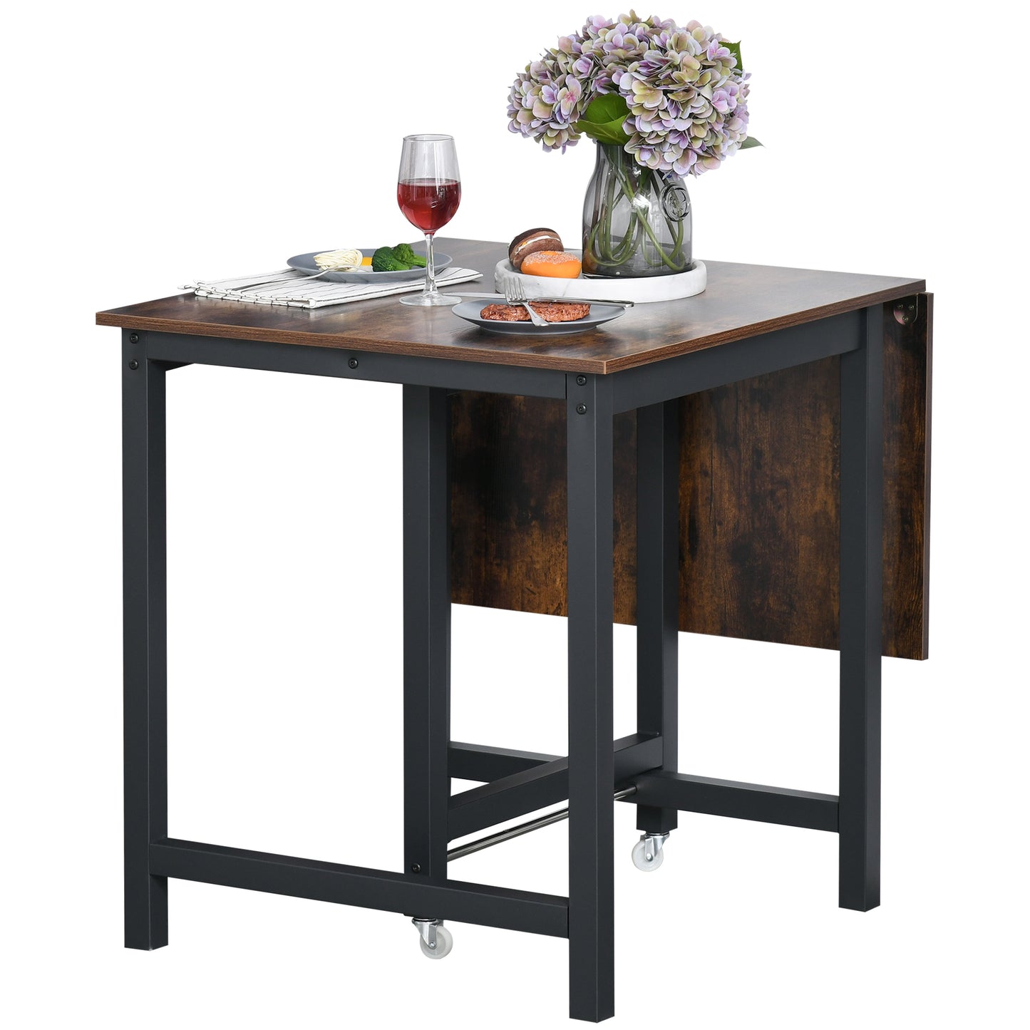 HOMCOM Drop Leaf Kitchen Folding Table Foldable Mobile Desk for Dining, Working & Writing w/Wheel Rustic Brown