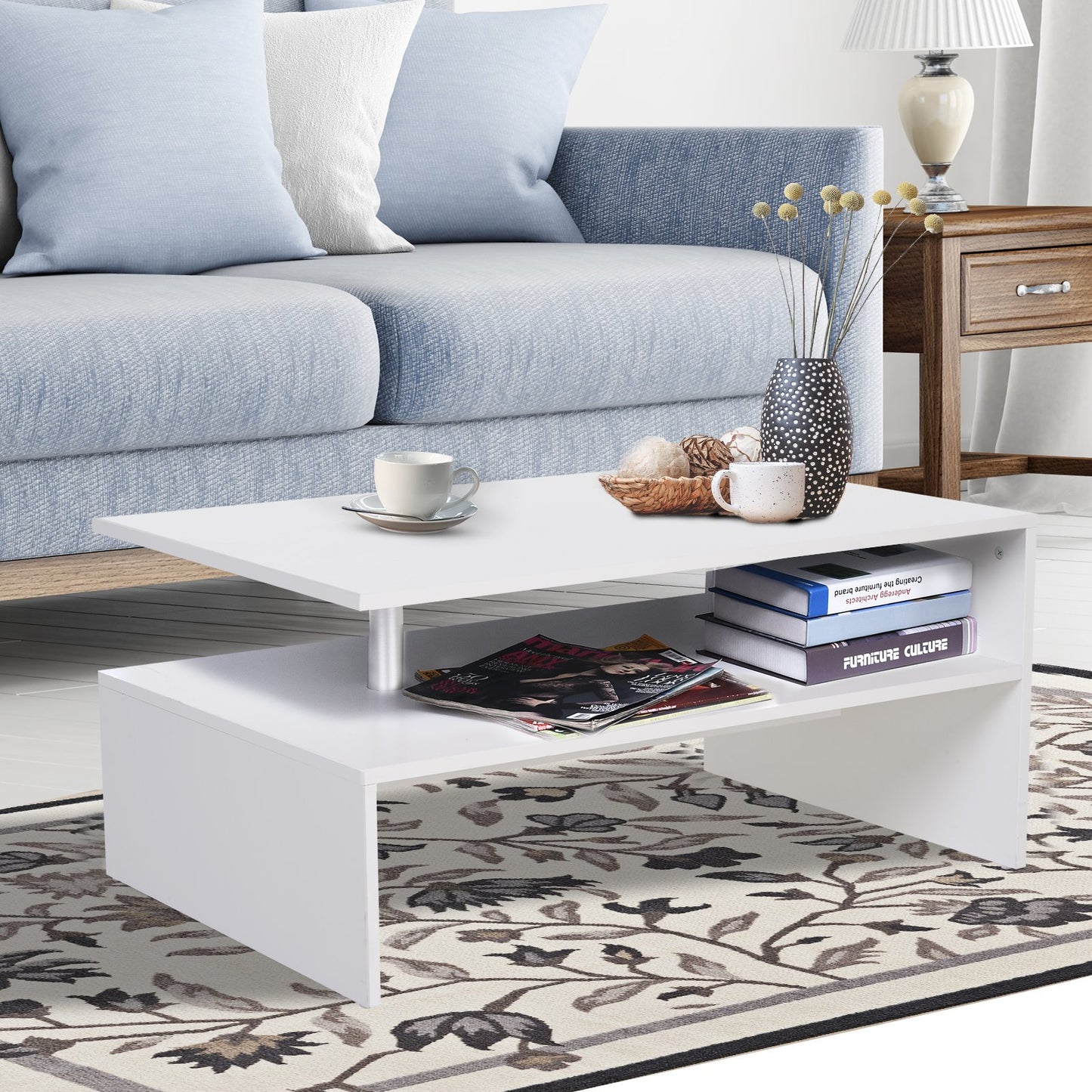 HOMCOM Particle Board 2-Tier Rectangular Coffee Table White