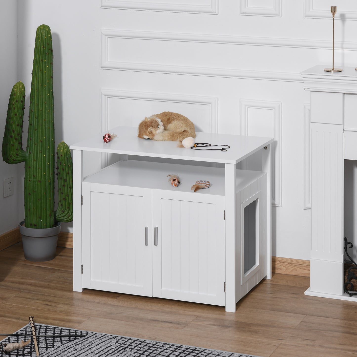PawHut Inside Tabletop Side Table Cat Box Fixture w/ Magnetic Closing Door, White