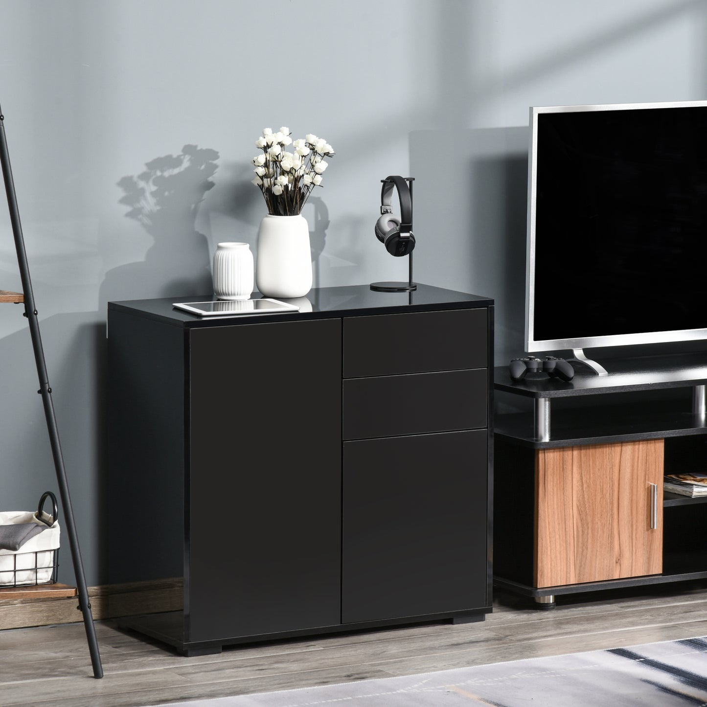 HOMCOM Modern Stylish Freestanding Push-Open Design Cabinet with 2 Drawer, 2 Door Cabinet, 2 Part Inner Space, for Living Room, Bedroom, Bathroom, Kitchen, Black and
