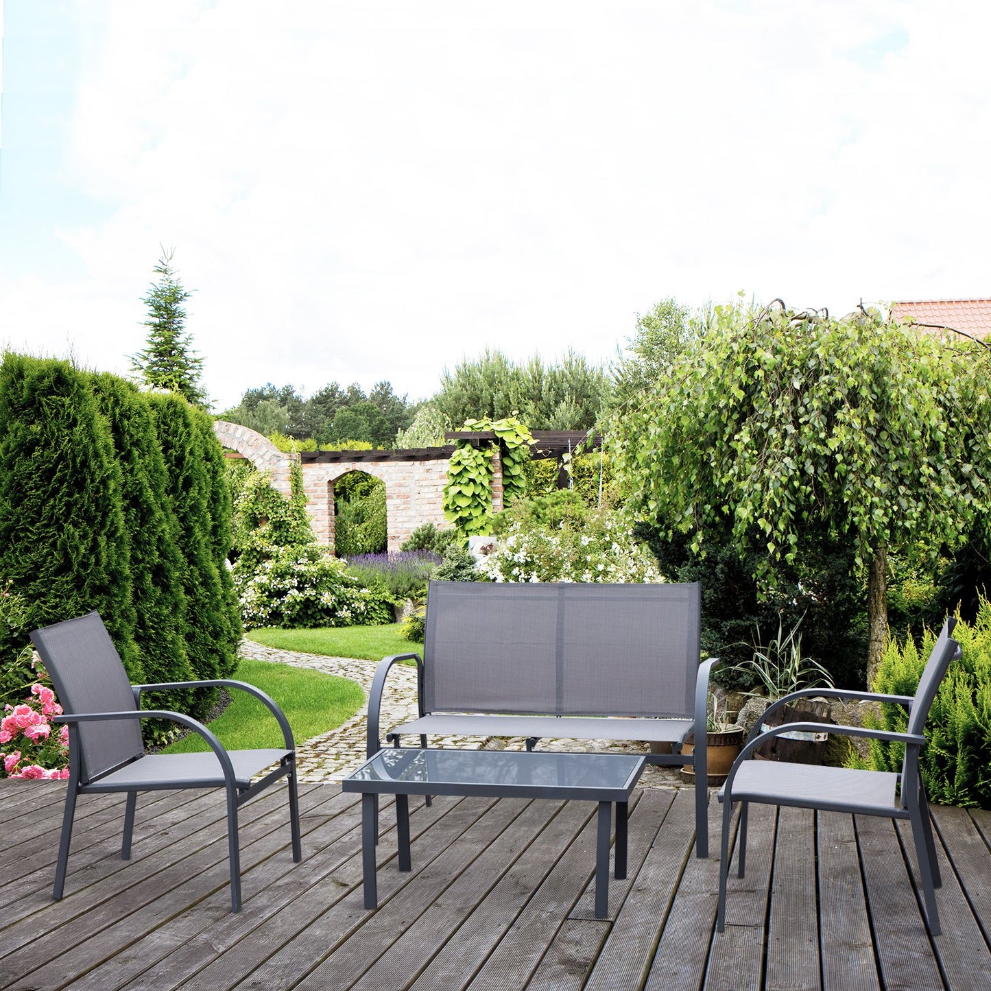 Outsunny 4 Pcs Curved Steel Outdoor Dining Set w/ Loveseat 2 Chairs Glass Top Table Grey