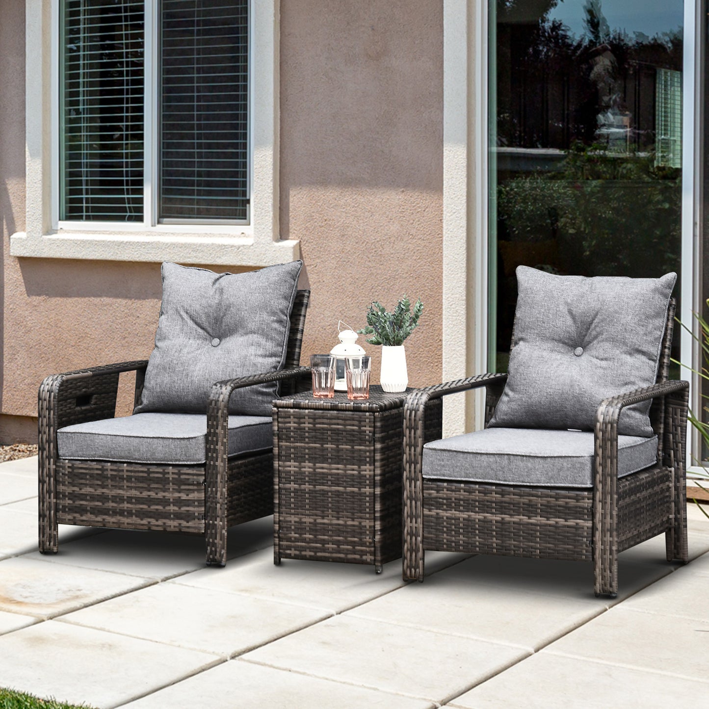 Outsunny 3 Pcs PE Rattan Garden Seating Set w/ 2 Padded Chair Storage Table Grey